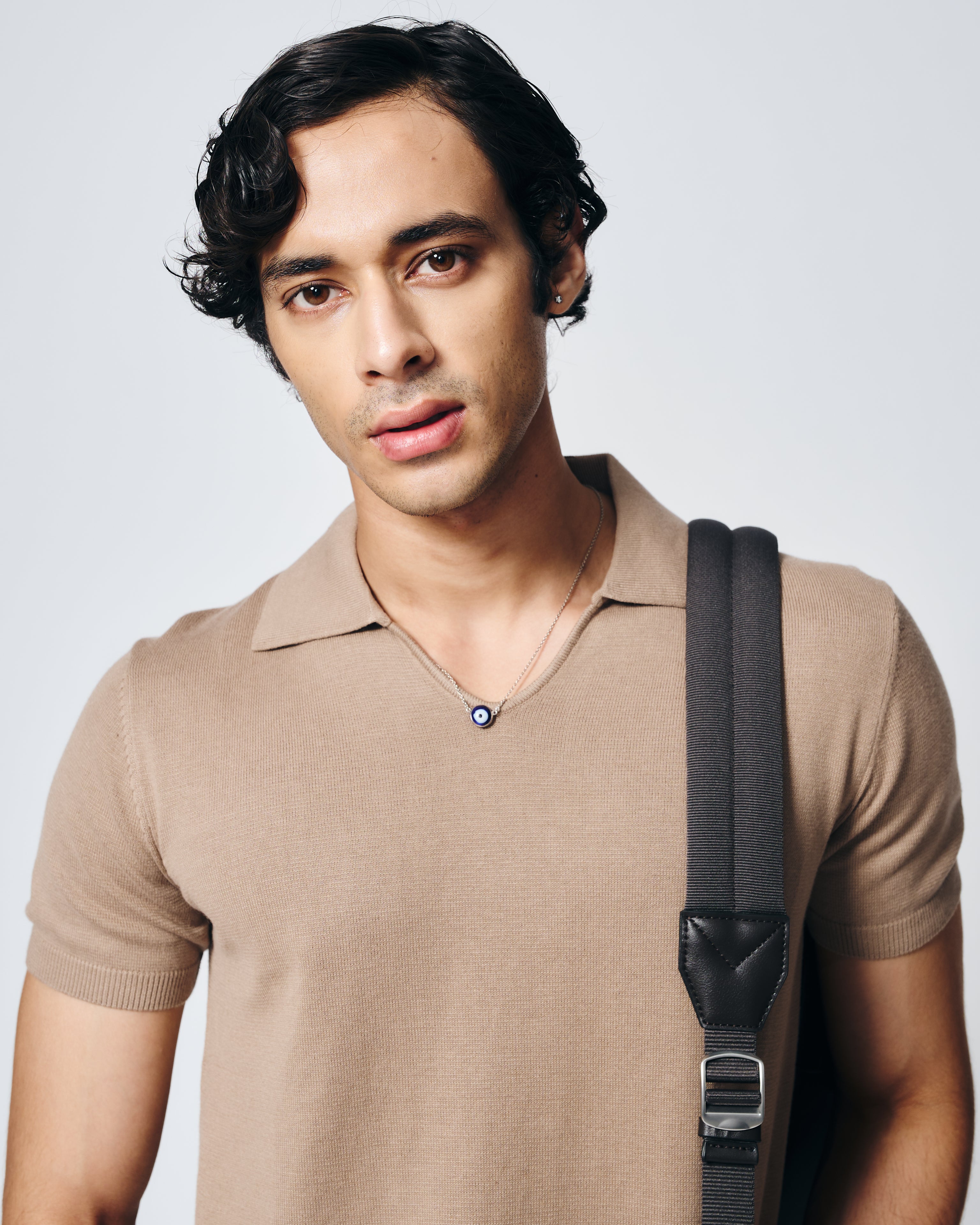 WARM TAN COTTON-BAMBOO U-NECK POLO T-SHIRT