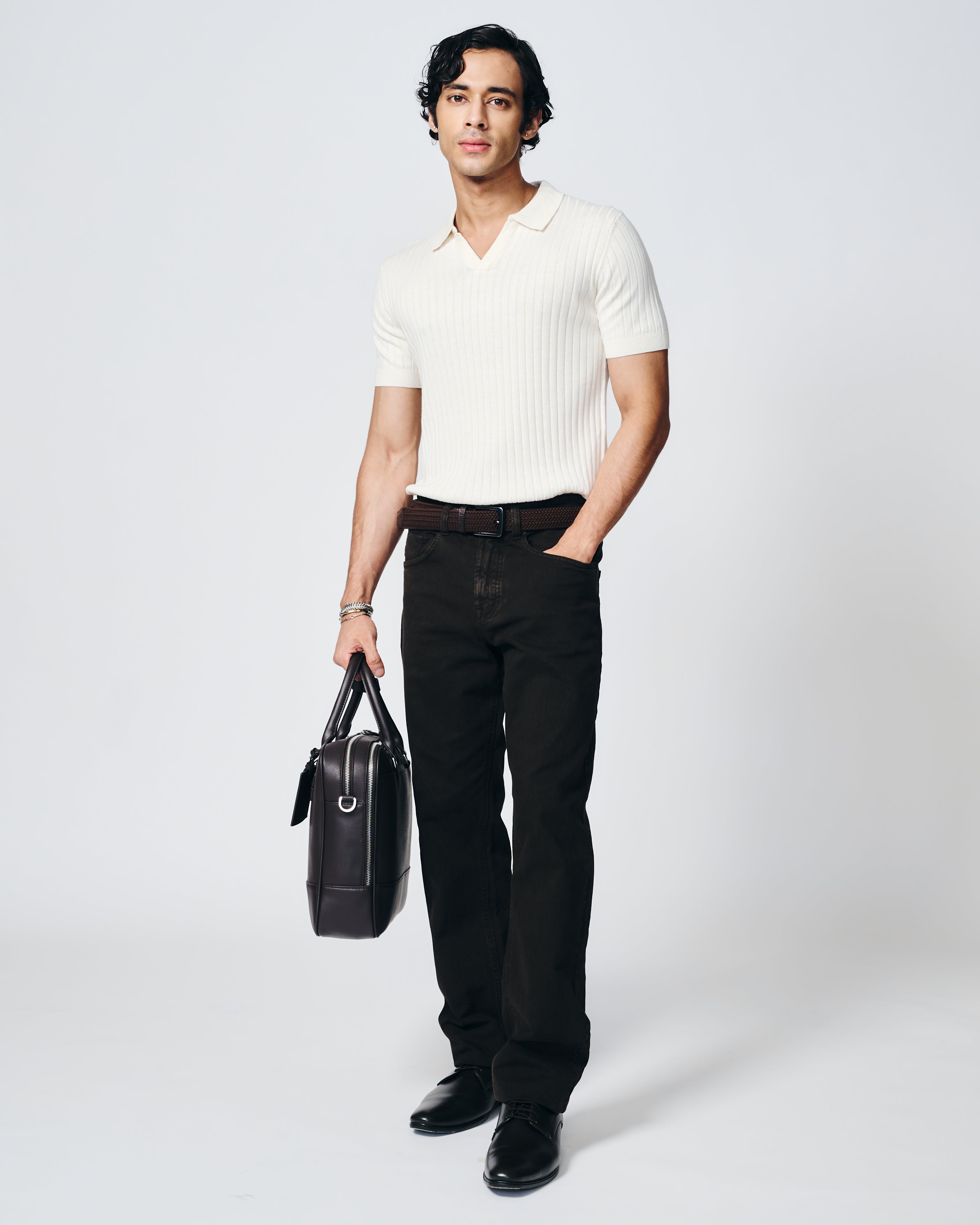 SOFT WHITE COTTON-BAMBOO V-NECK DROP NEEDLE POLO T-SHIRT
