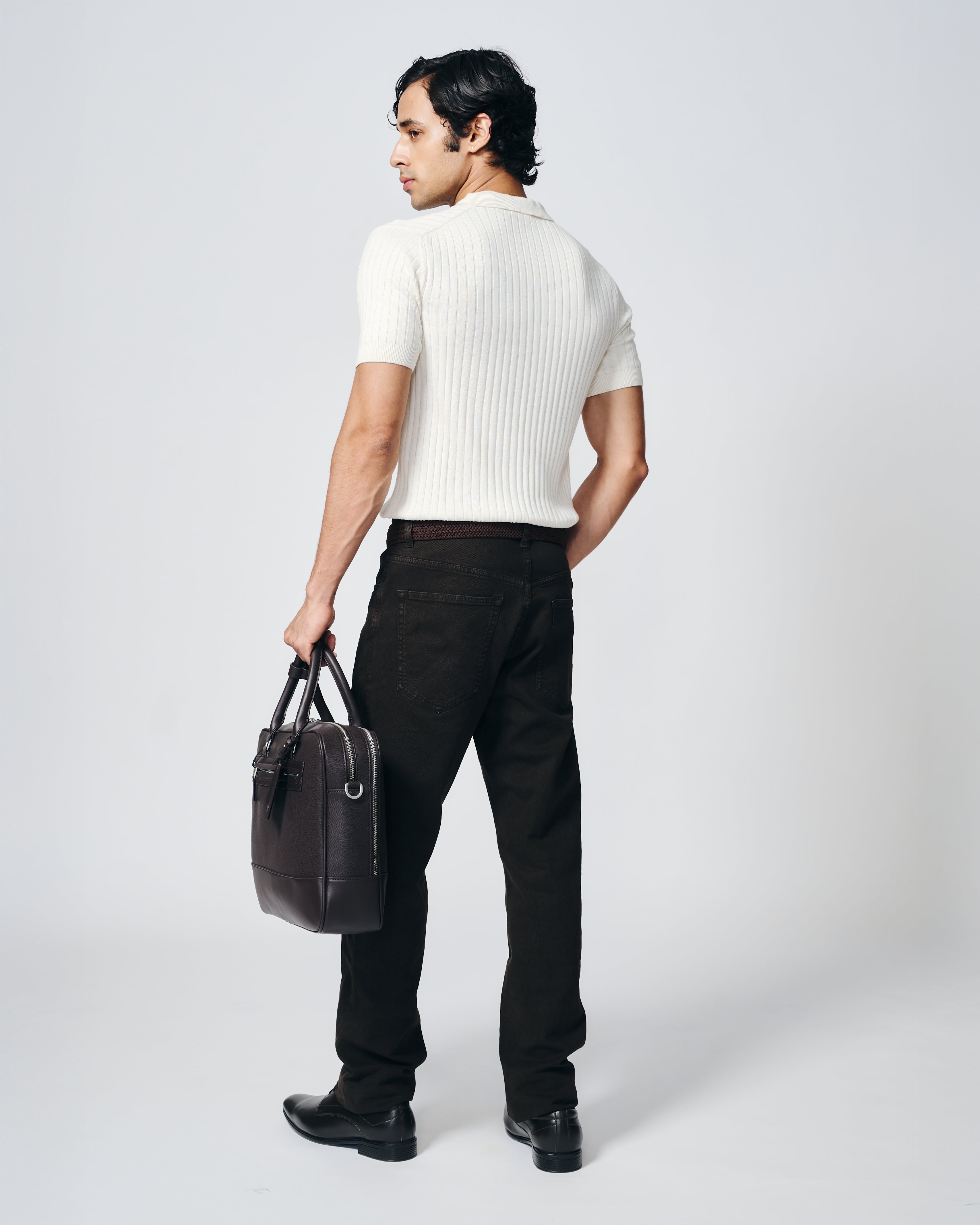 SOFT WHITE COTTON-BAMBOO V-NECK DROP NEEDLE POLO T-SHIRT