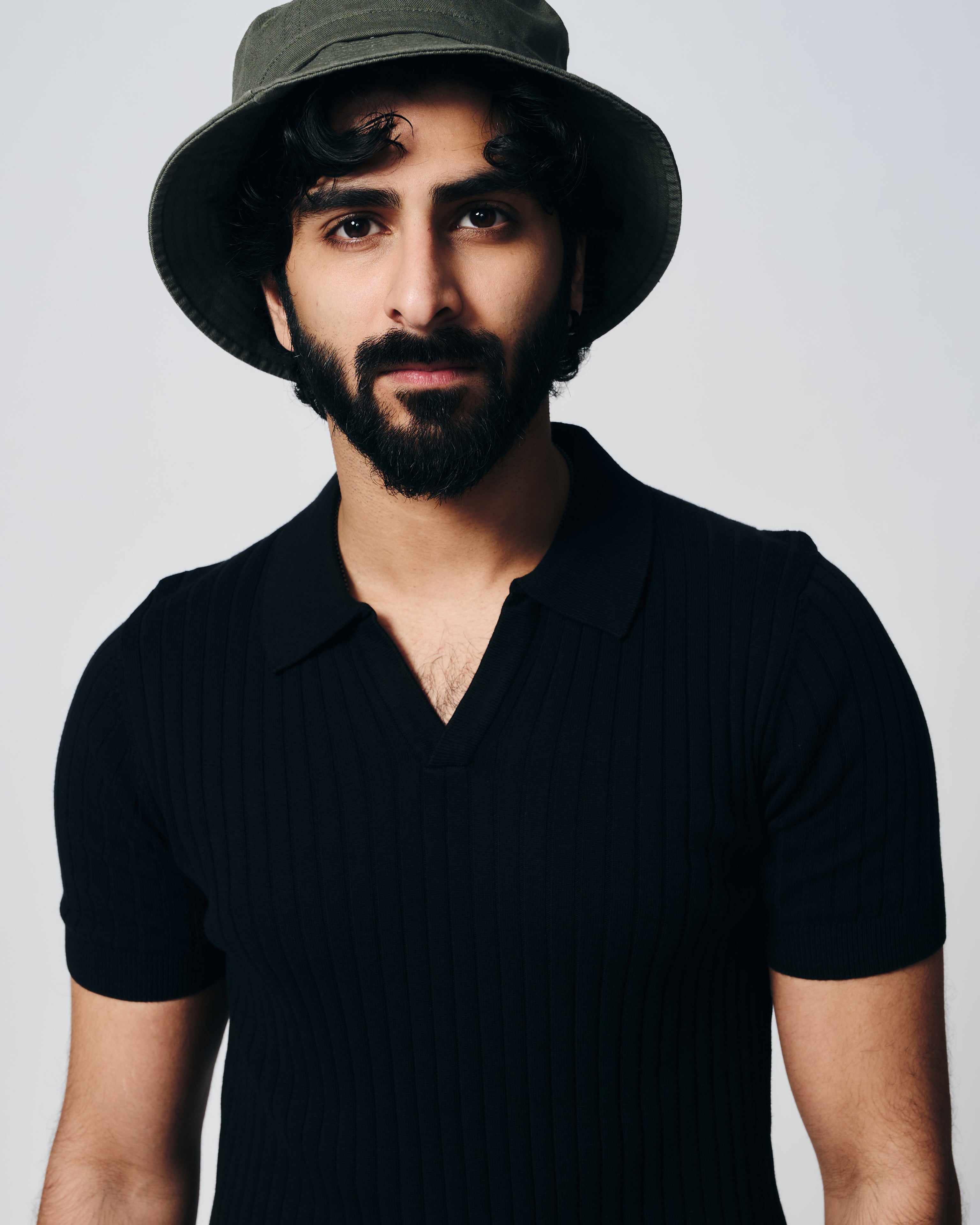 INK BLACK COTTON-BAMBOO V-NECK DROP NEEDLE POLO T-SHIRT