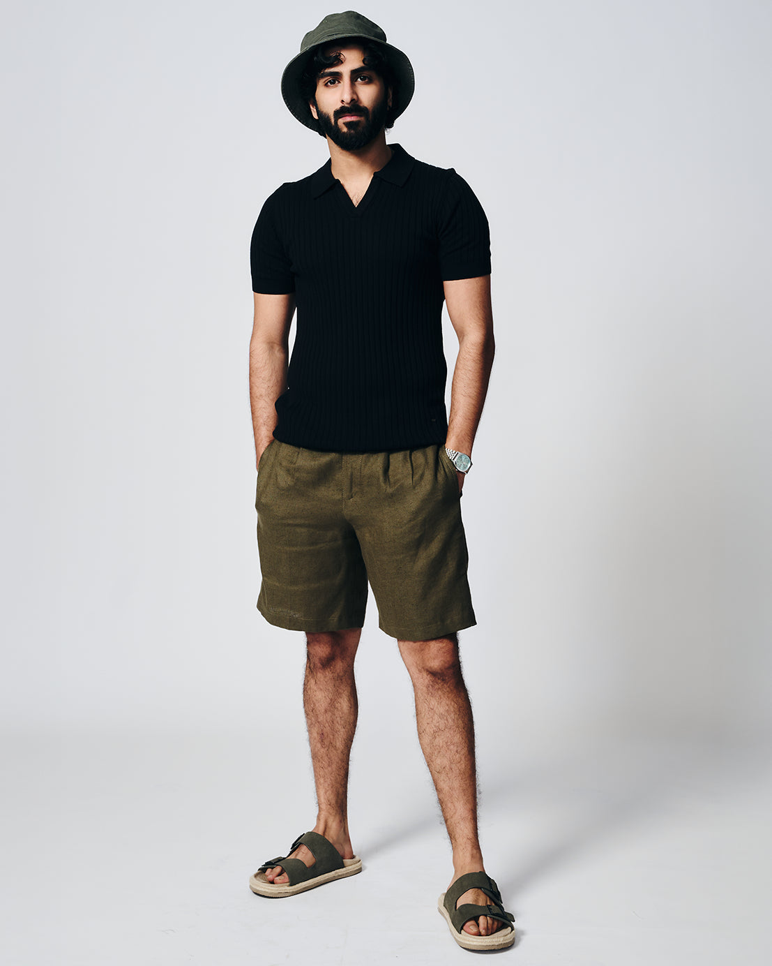 INK BLACK COTTON-BAMBOO V-NECK DROP NEEDLE POLO T-SHIRT