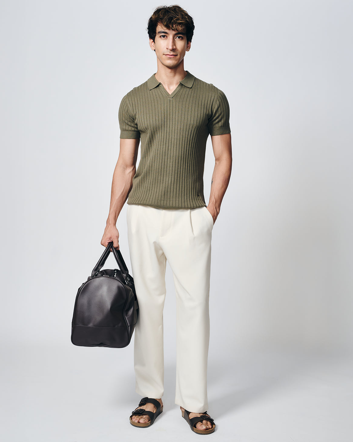 KHAKI GREEN COTTON-BAMBOO V-NECK DROP NEEDLE POLO T-SHIRT