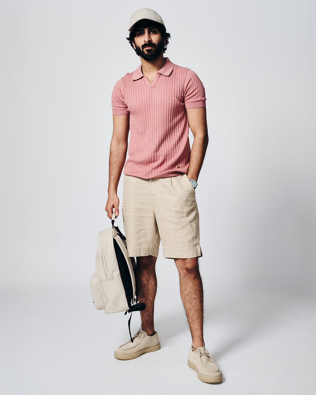 CLAY PINK COTTON-BAMBOO V-NECK DROP NEEDLE POLO T-SHIRT