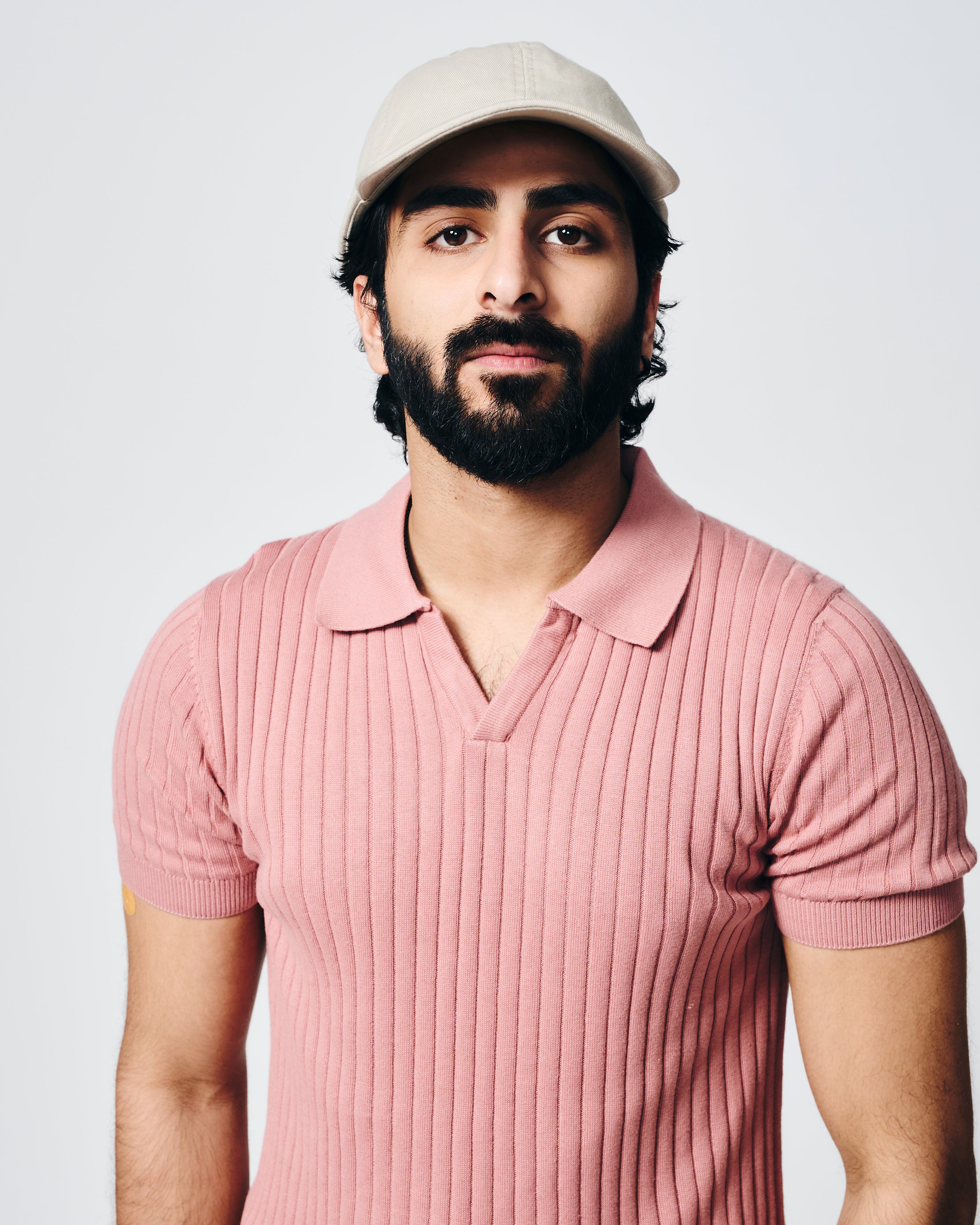 CLAY PINK COTTON-BAMBOO V-NECK DROP NEEDLE POLO T-SHIRT