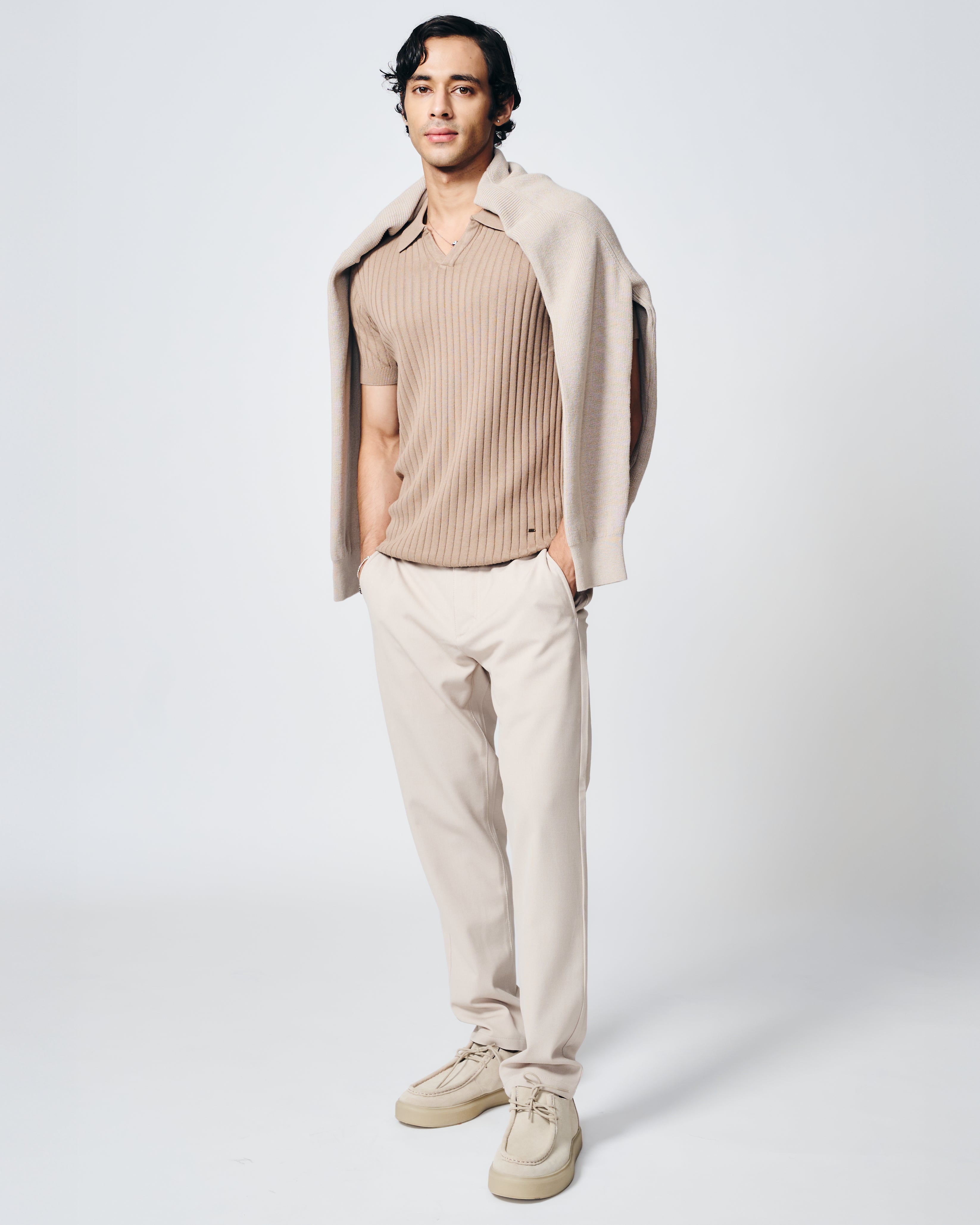 WARM TAN COTTON-BAMBOO V-NECK DROP NEEDLE POLO T-SHIRT