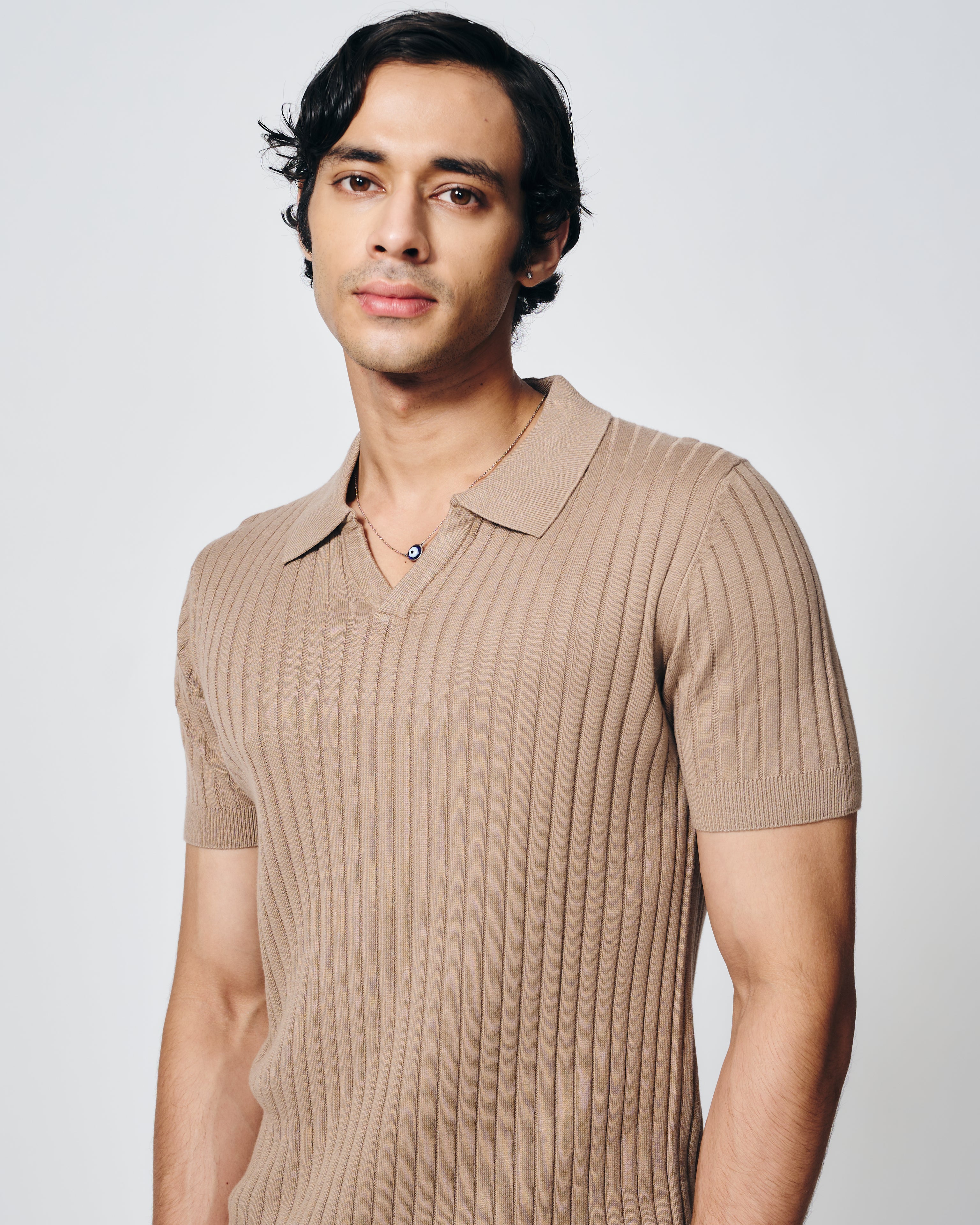 WARM TAN COTTON-BAMBOO V-NECK DROP NEEDLE POLO T-SHIRT