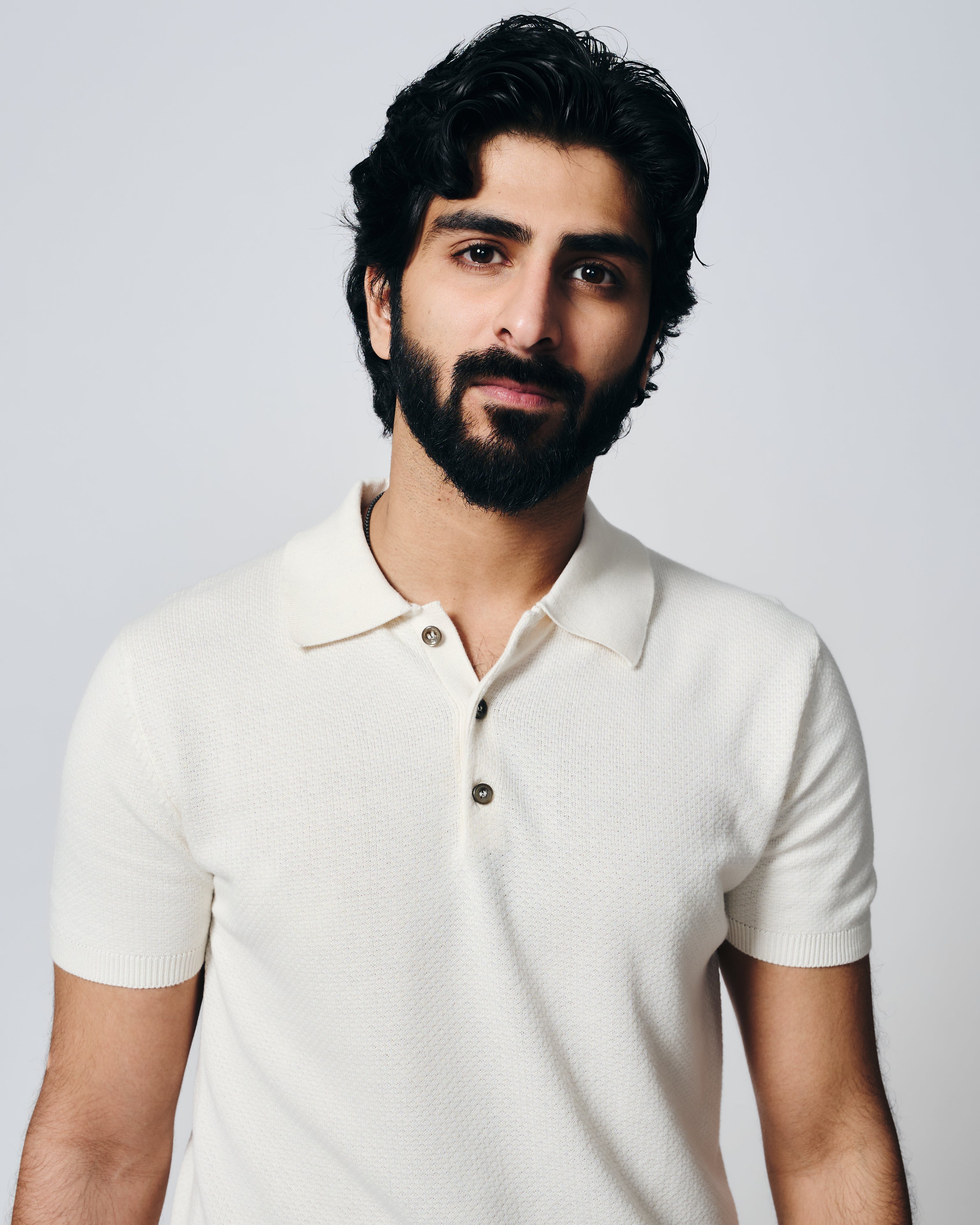 SOFT WHITE COTTON-BAMBOO WAFFLE POLO T-SHIRT