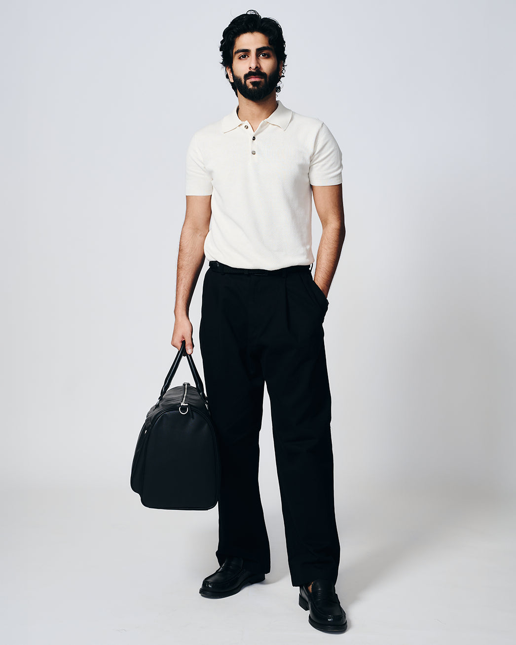 SOFT WHITE COTTON-BAMBOO WAFFLE POLO T-SHIRT