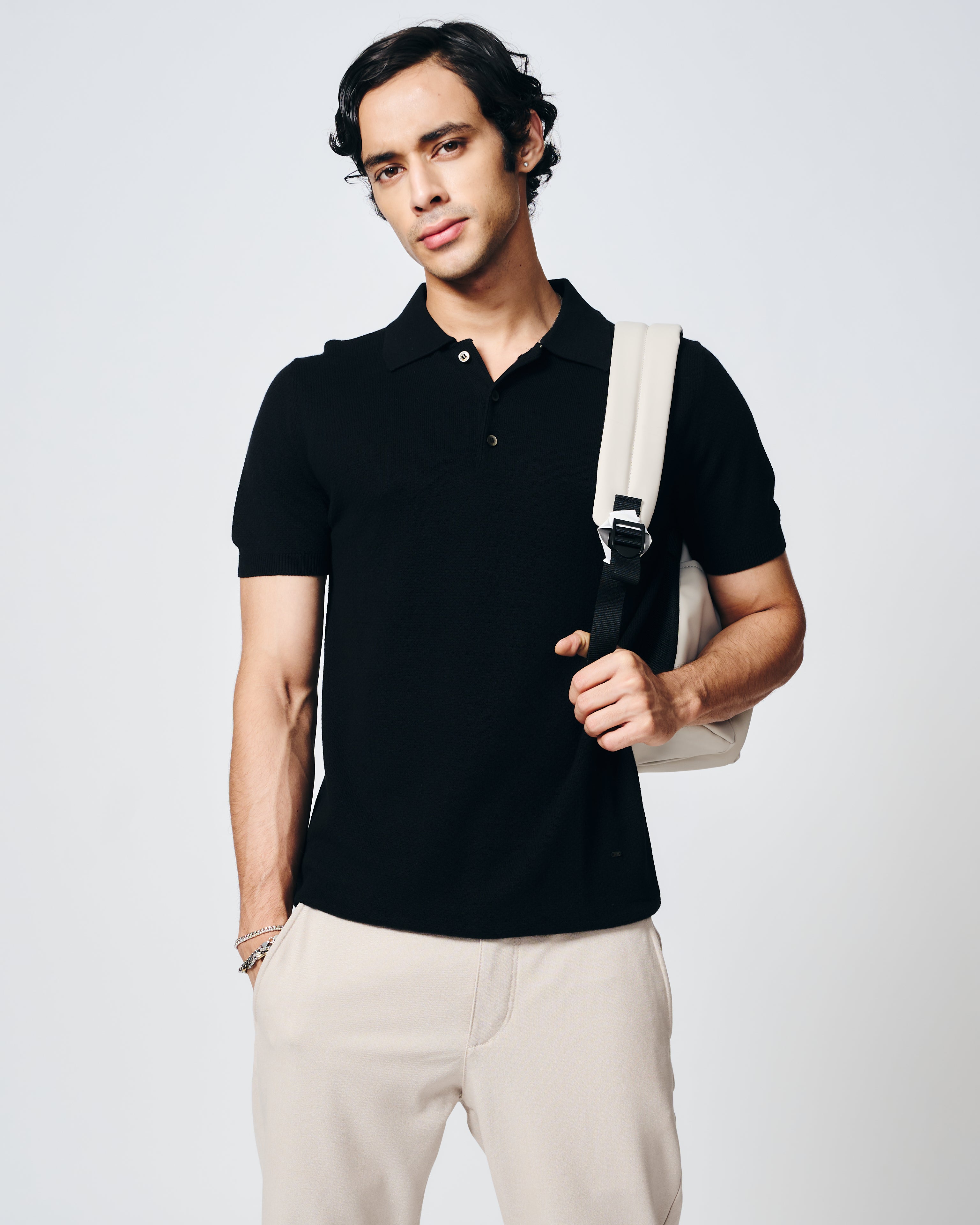 INK BLACK COTTON-BAMBOO WAFFLE POLO T-SHIRT