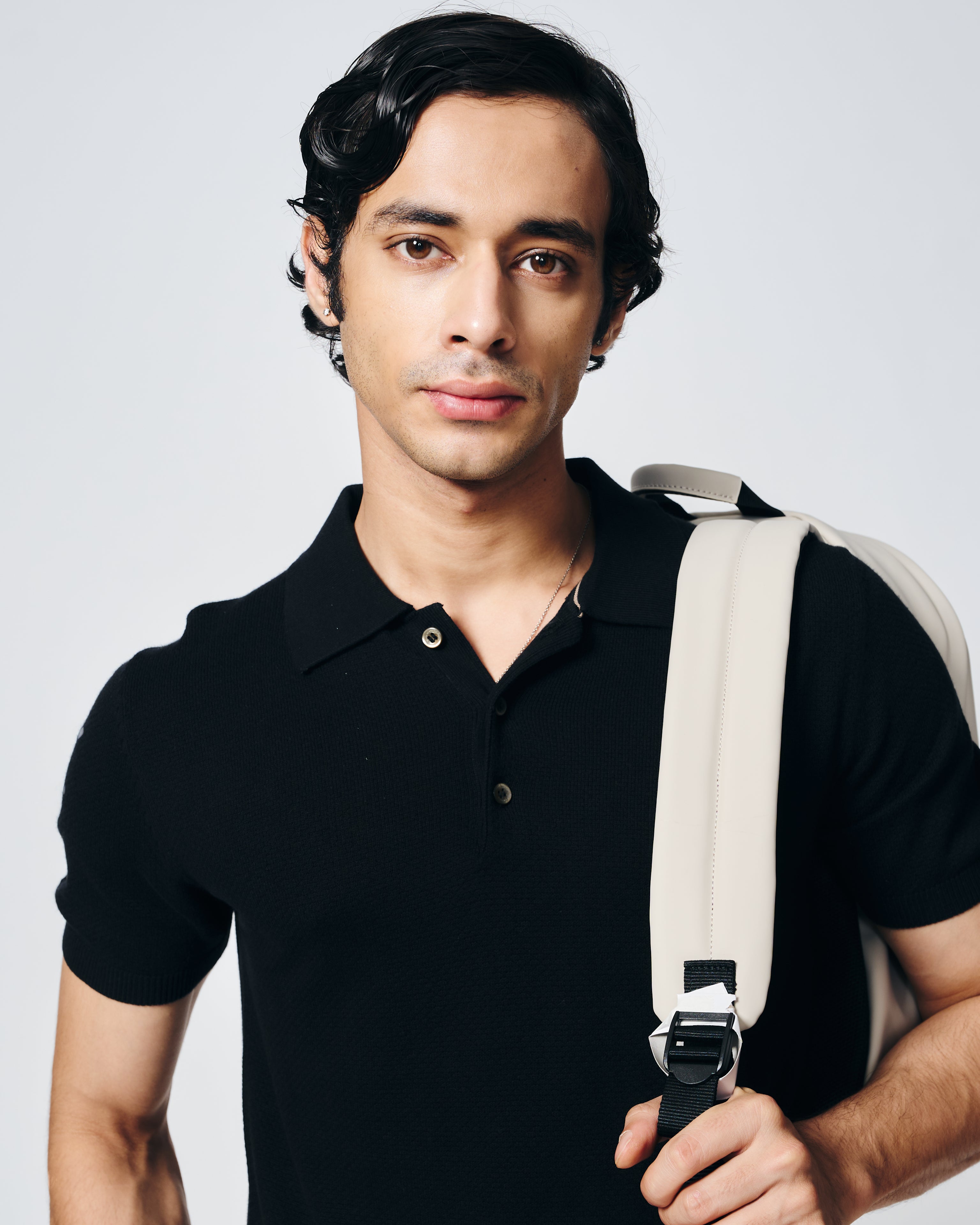 INK BLACK COTTON-BAMBOO WAFFLE POLO T-SHIRT