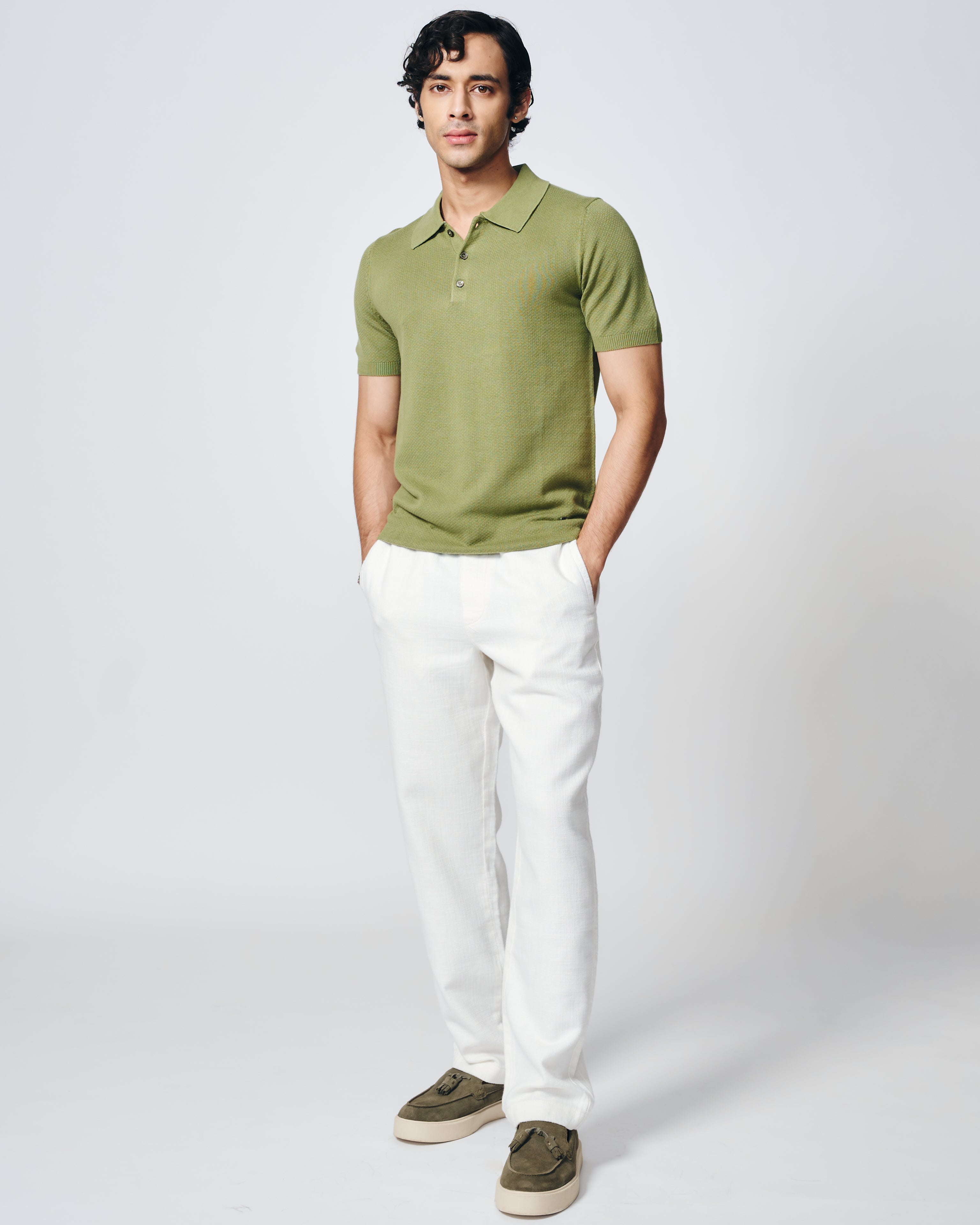 GRASS GREEN COTTON-BAMBOO WAFFLE POLO T-SHIRT