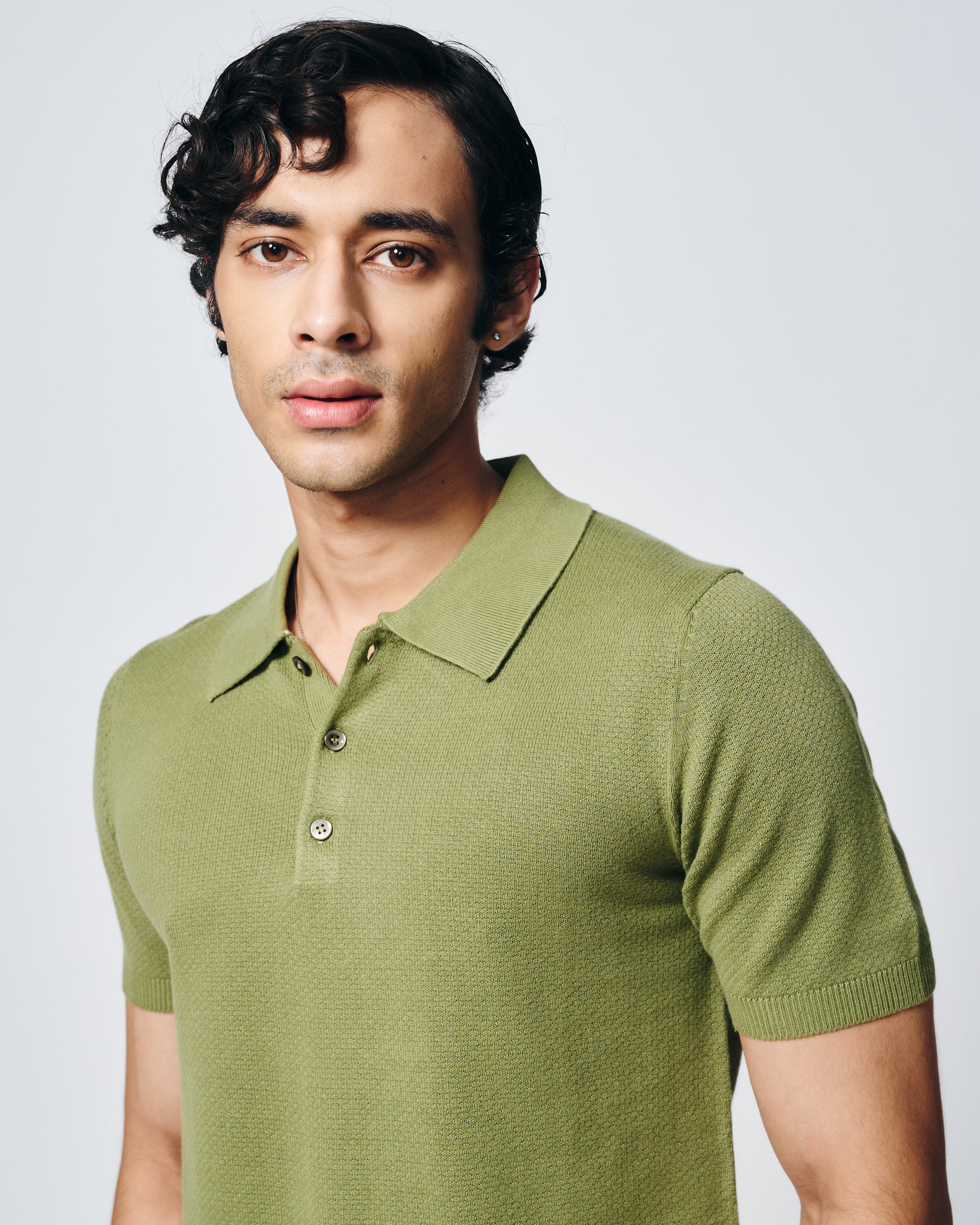 GRASS GREEN COTTON-BAMBOO WAFFLE POLO T-SHIRT