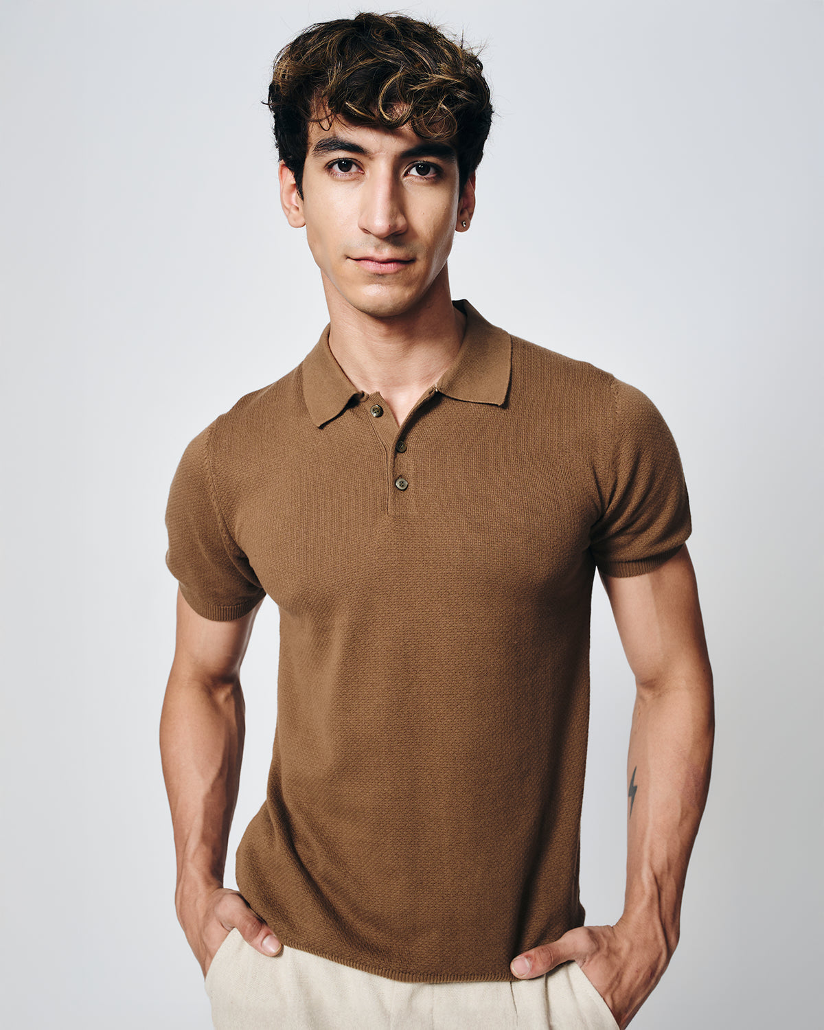 COCOA BROWN COTTON-BAMBOO WAFFLE POLO T-SHIRT