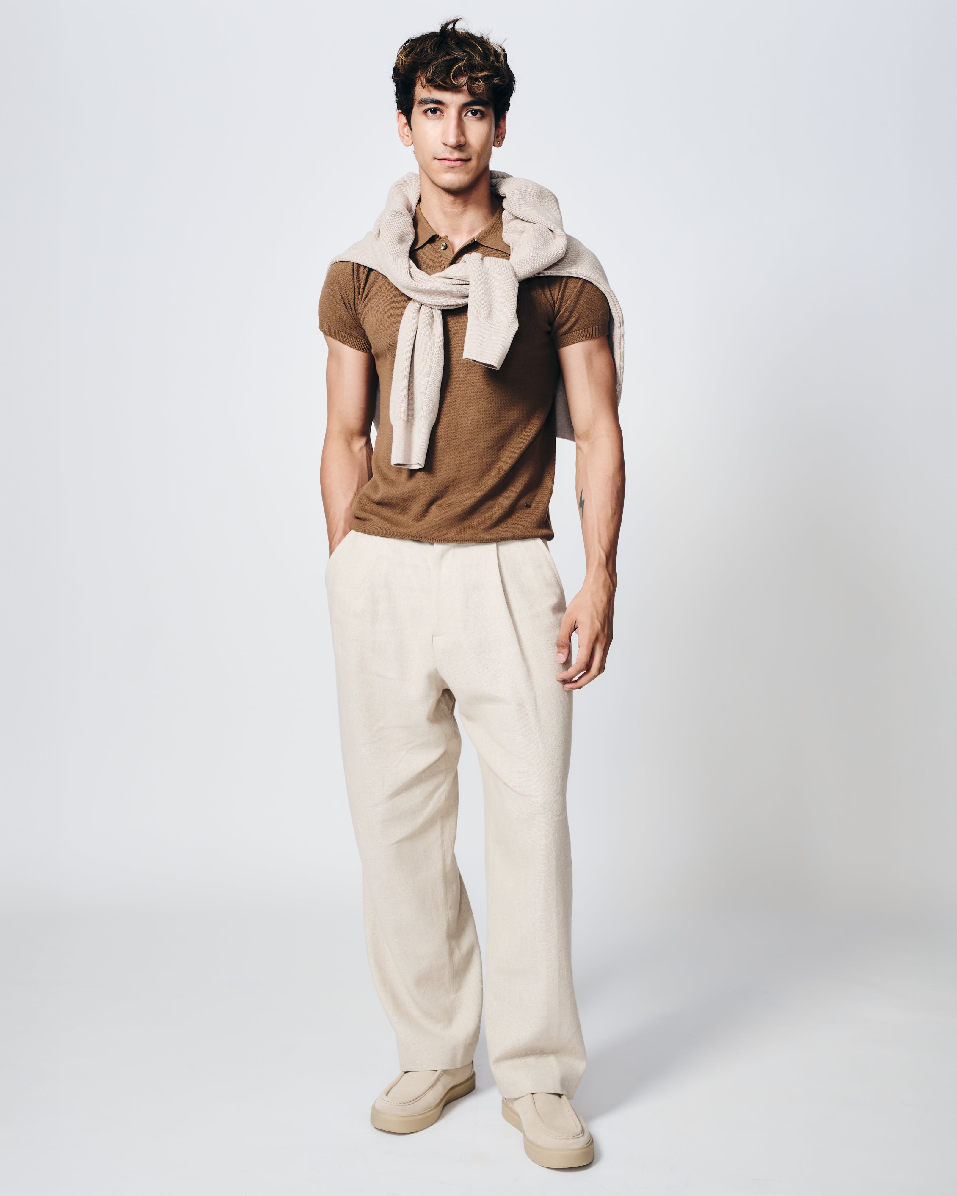 COCOA BROWN COTTON-BAMBOO WAFFLE POLO T-SHIRT