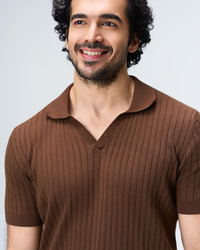 Cocoa Brown Drop Needle V-Polo - 100% Cotton - II