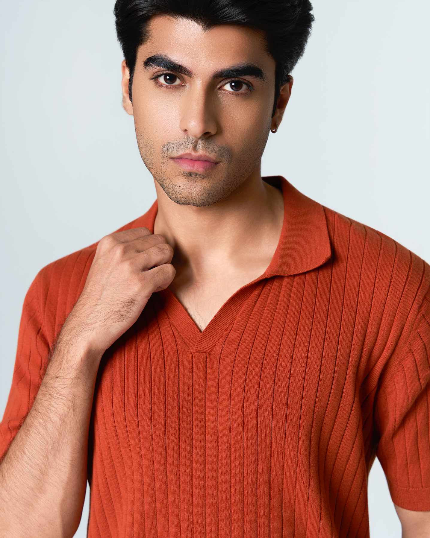 Burnt Ochre Drop Needle V-Polo - 100% Cotton - II