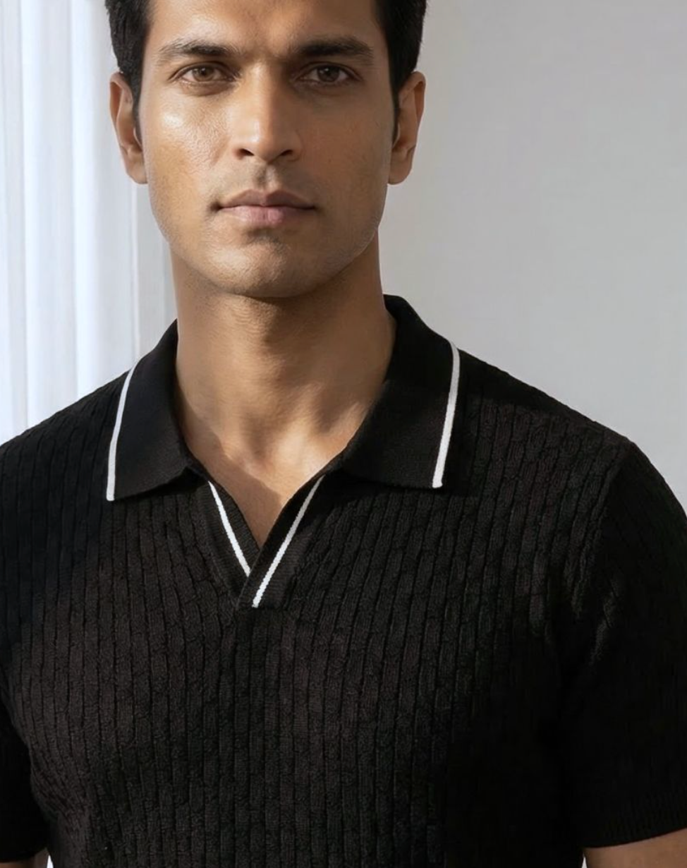 Soft White Piping Basket V-Polo - 100% Cotton - II