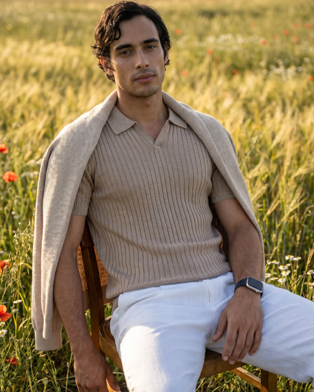 Warm Tan Drop Needle V-Neck Polo