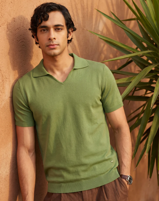 Grass Green Cotton-Bamboo U-Neck Polo