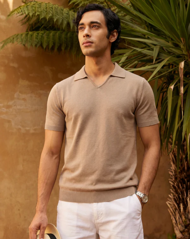 Warm Tan Cotton-Bamboo U-Neck Polo