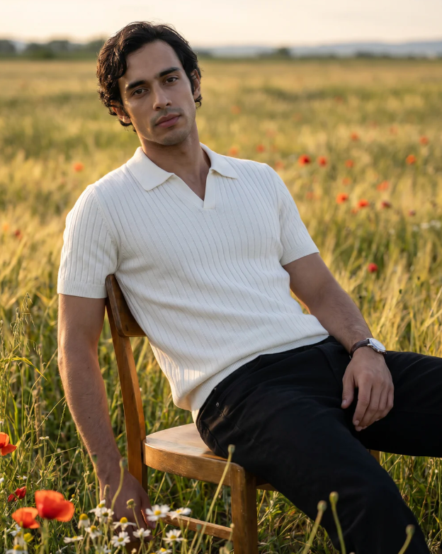Soft White Drop Needle V-Neck Polo