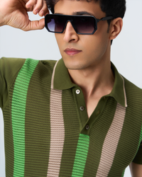 Khaki Green Pixel Stripe B-Polo - 100% Cotton - II
