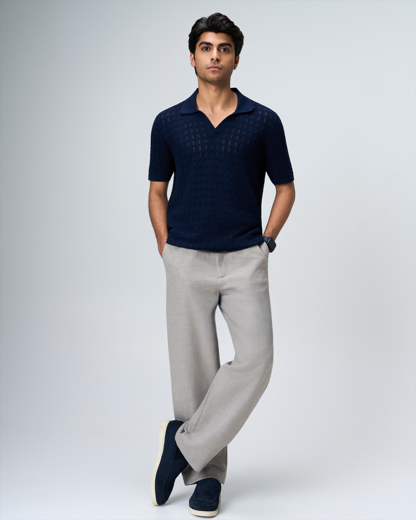 Midnight Blue Luxe Open-knit V-Polo - 100% Cotton - II