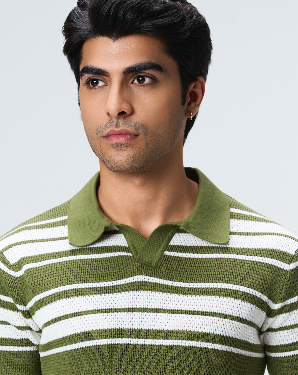 Sage Green Mesh Stripe V-Polo - 100% Cotton - II