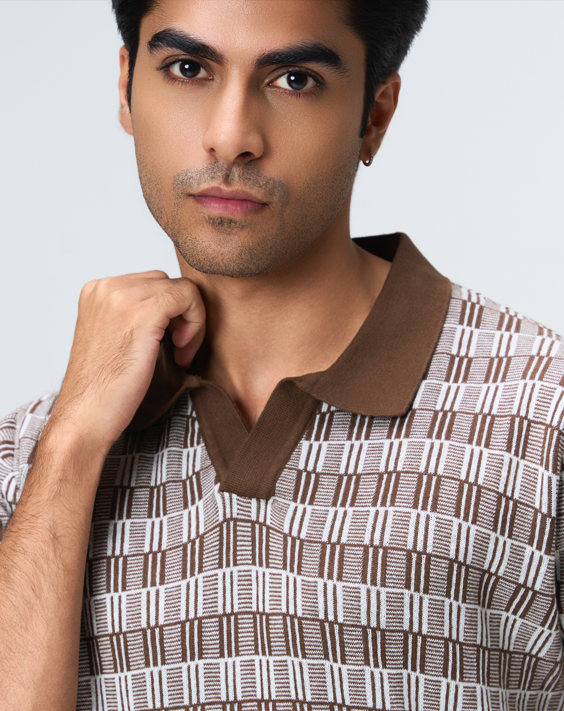 Cocoa Brown Luxe Gridline V-Polo - 100% Cotton - II