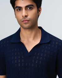 Midnight Blue Luxe Open-knit V-Polo - 100% Cotton - II