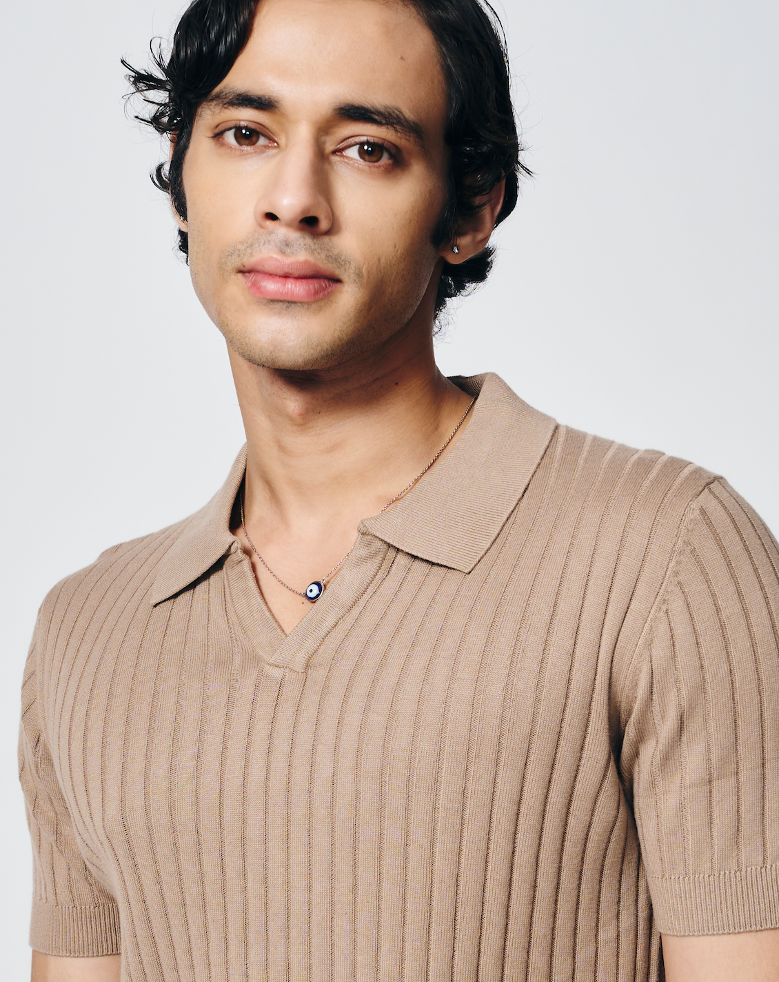 Warm Tan Drop Needle V-Polo - Cotton Bamboo - I