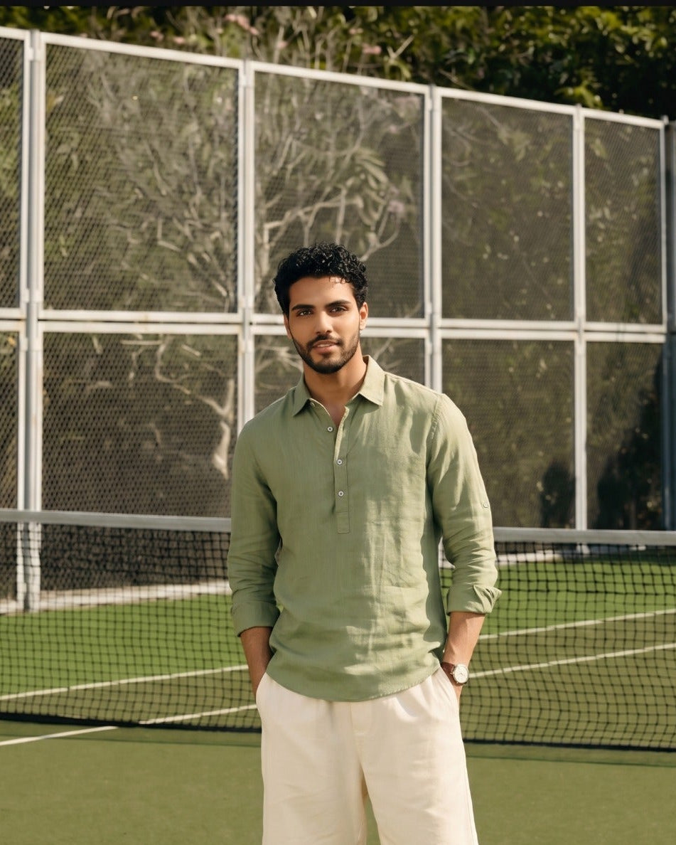 Grass Green Linen Blend Half-placket Shirt