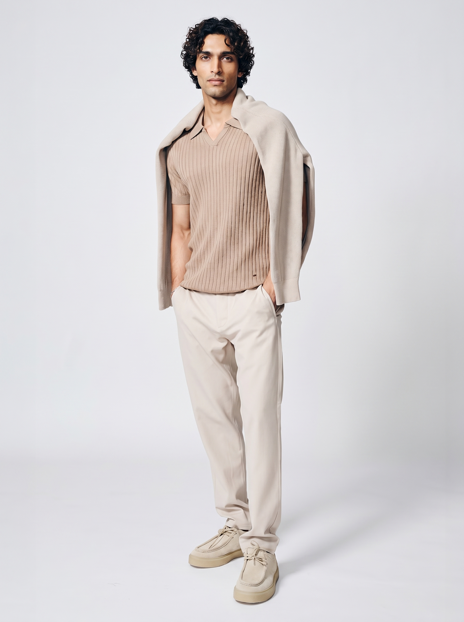 Warm Tan Cotton Bamboo V-Neck Polo