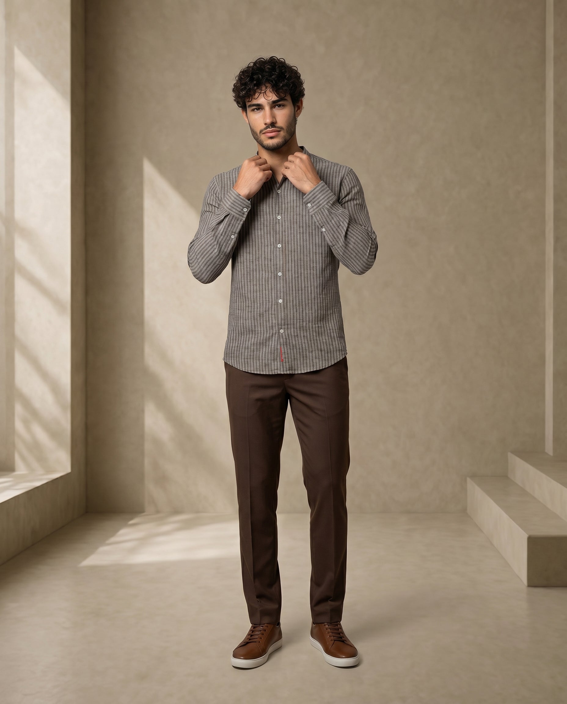 Cocoa Brown Mandarin Stripe Shirt