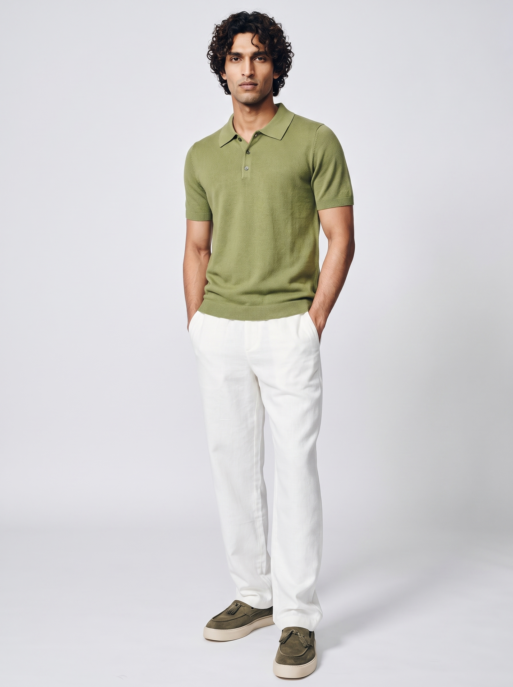 Fern Green Cotton Bamboo Waffle Polo