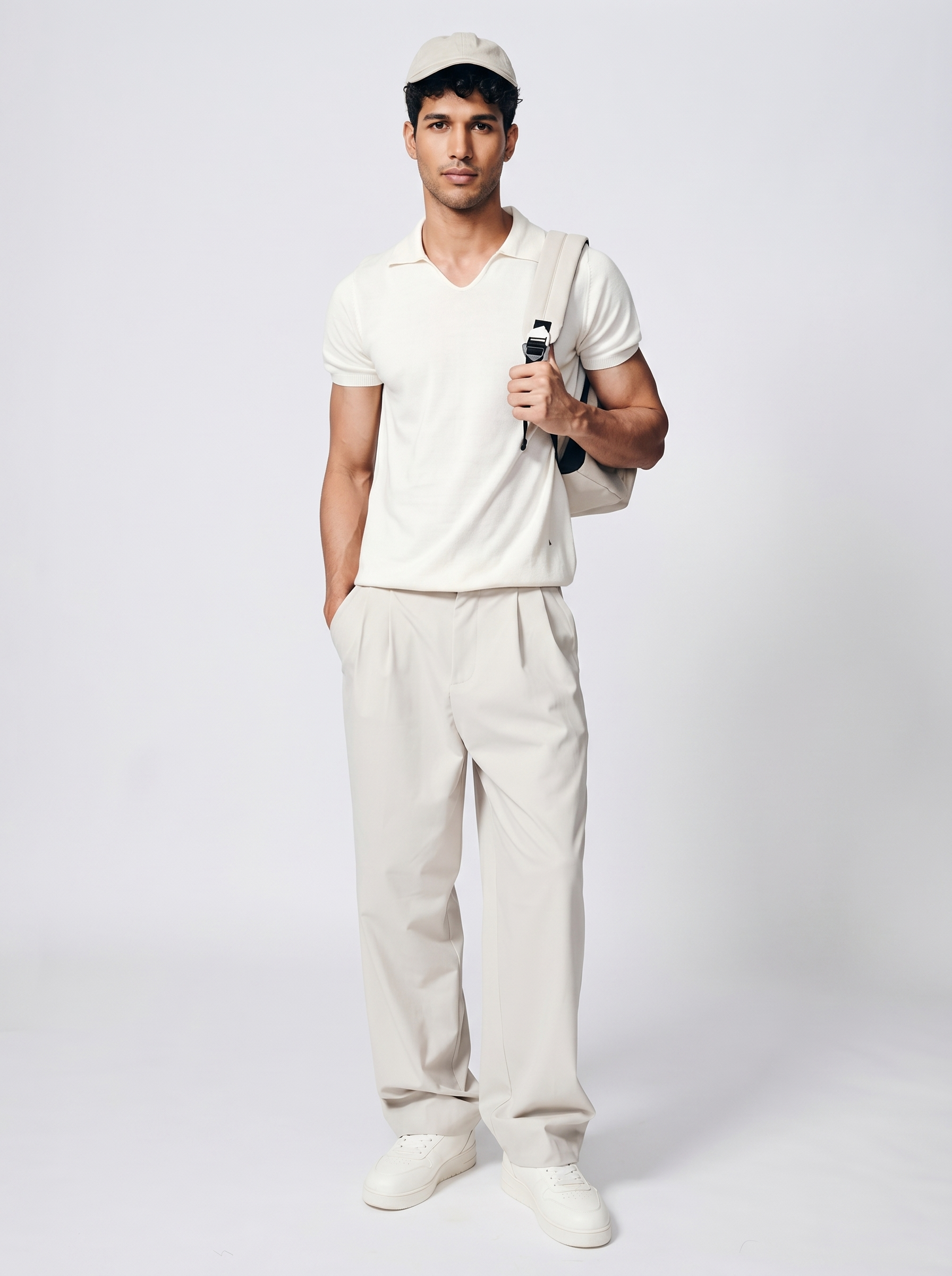 Soft White Cotton-Bamboo U-Neck Polo