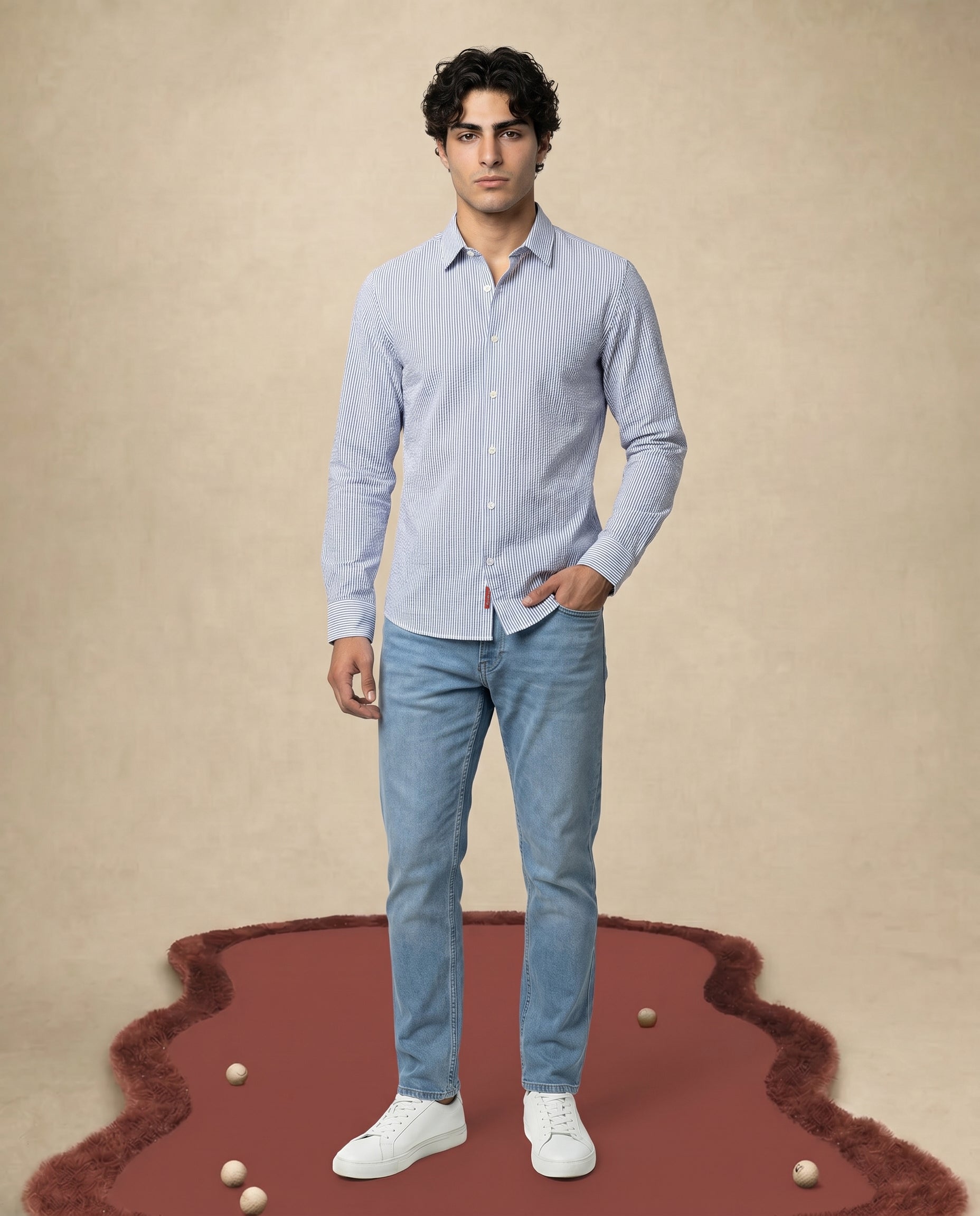 Soft White Seersucker Stretch Shirt - Blue Stripe