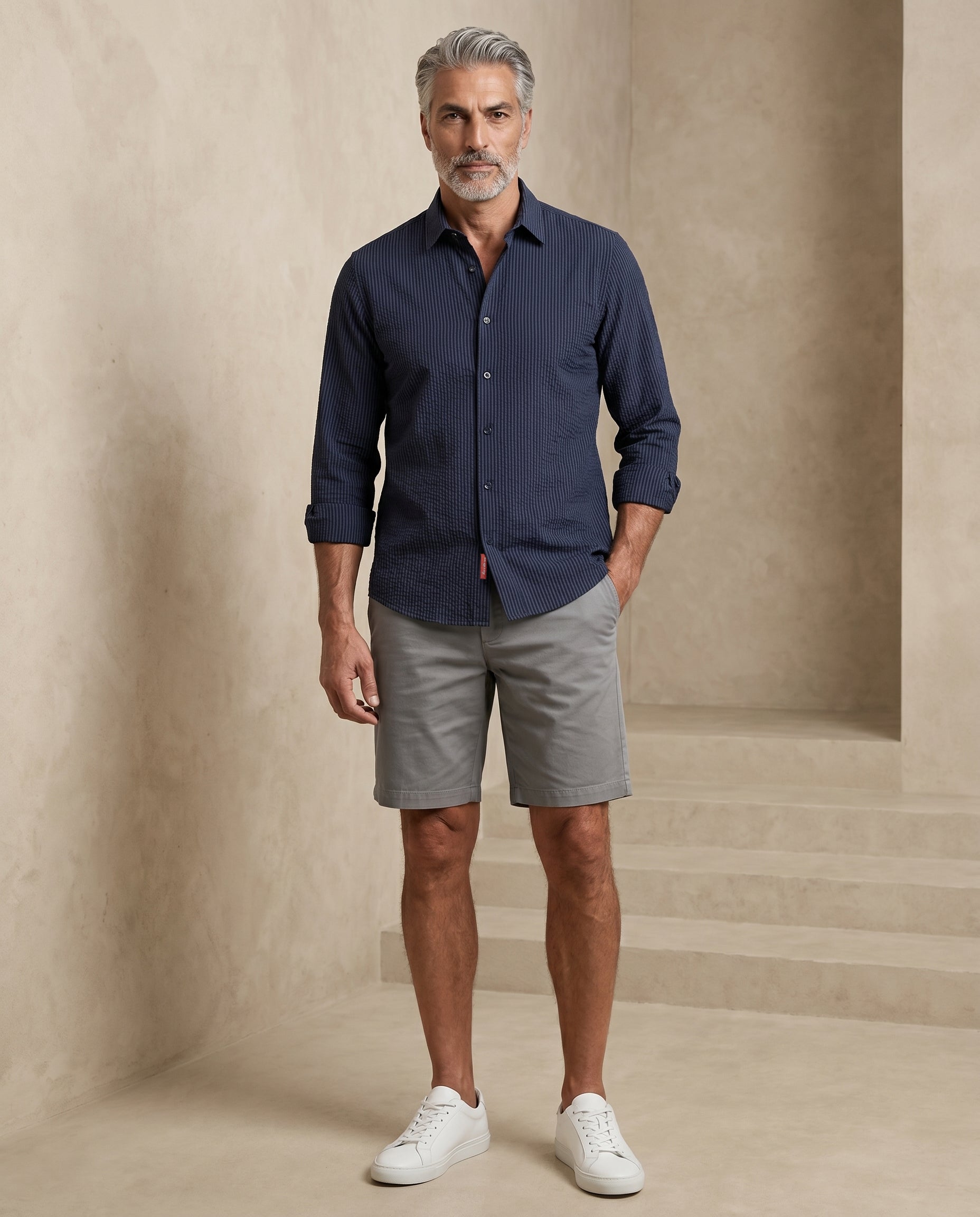 Indigo Navy Seersucker Stretch Shirt - Black Stripe