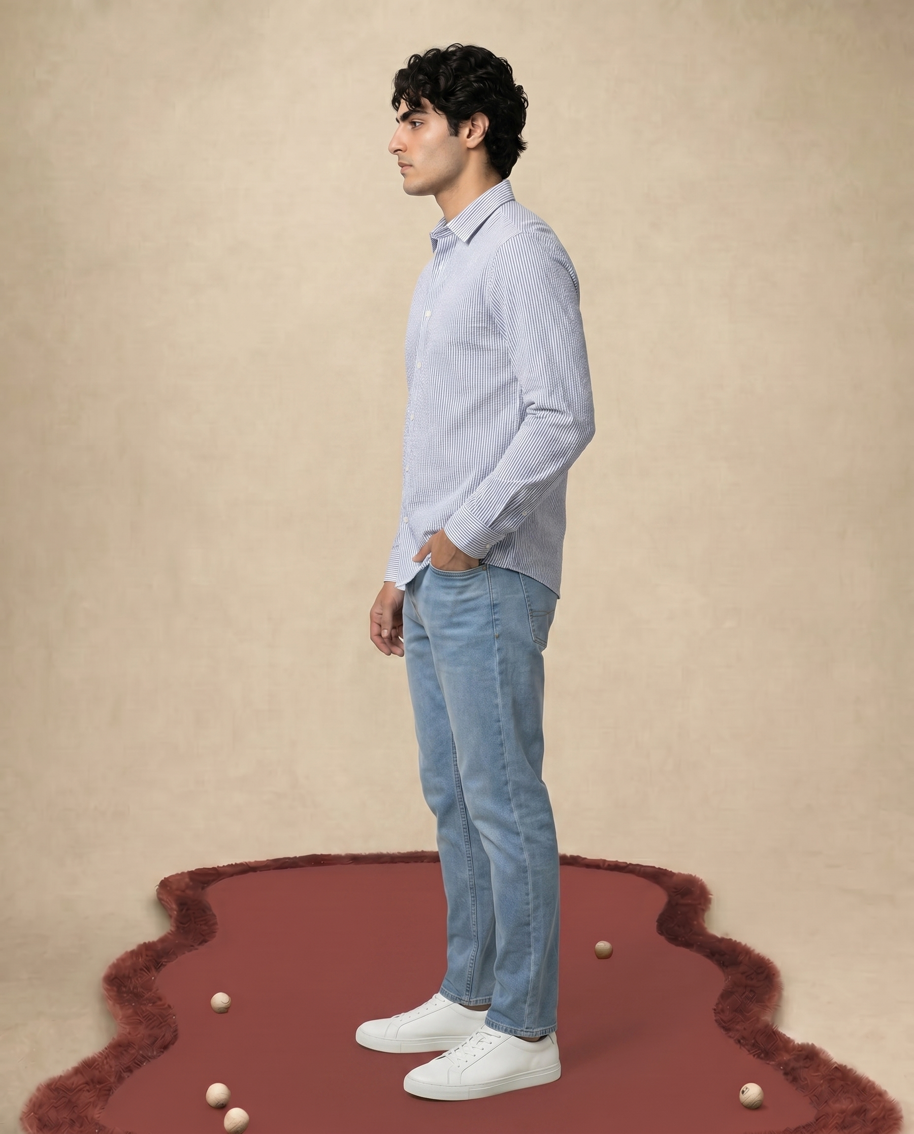 Soft White Seersucker Stretch Shirt - Blue Stripe