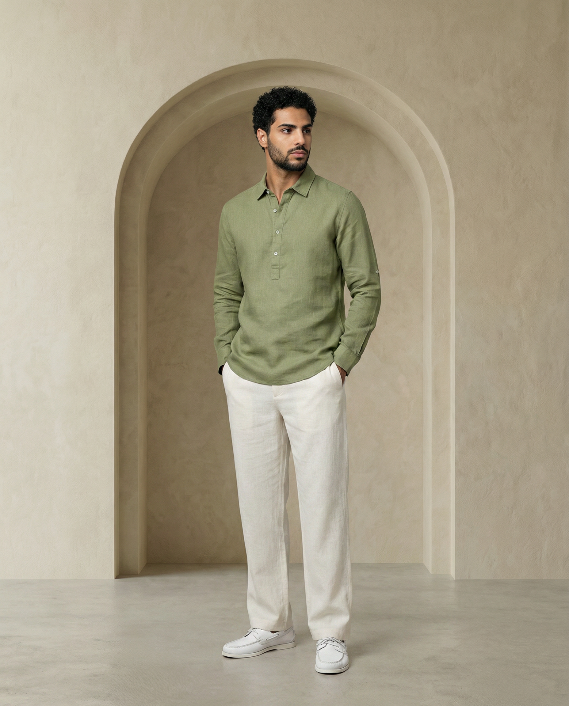 Moss Green Linen Blend Kurta Shirt