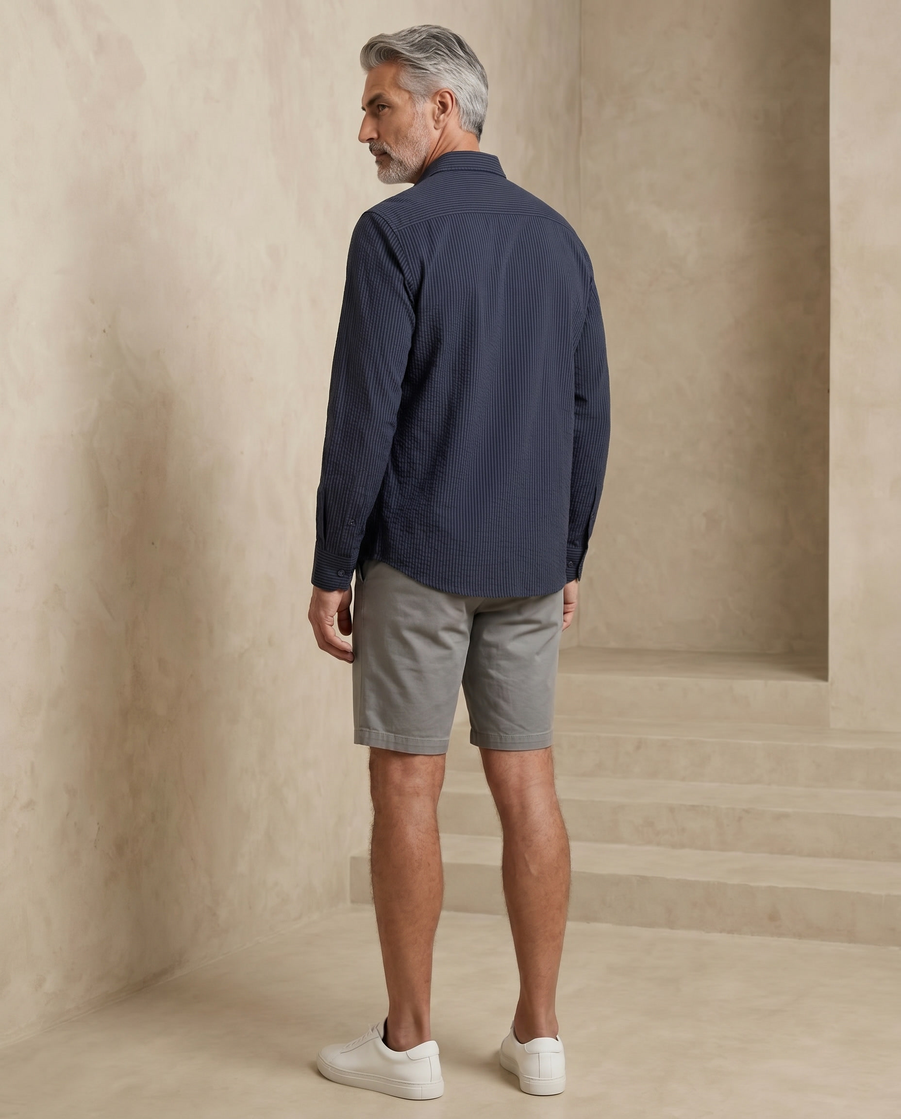 Indigo Navy Seersucker Stretch Shirt - Black Stripe