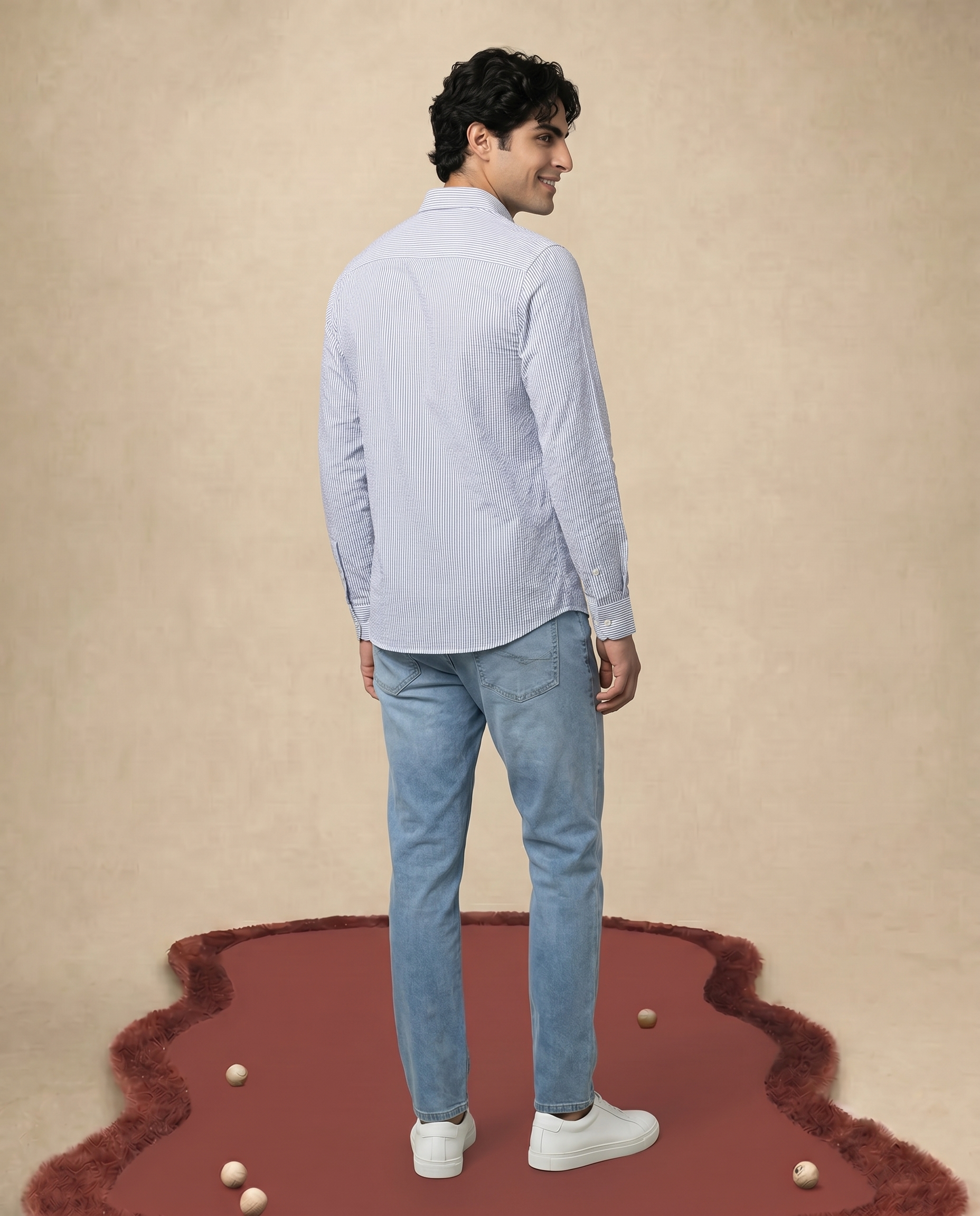 Soft White Seersucker Stretch Shirt - Blue Stripe