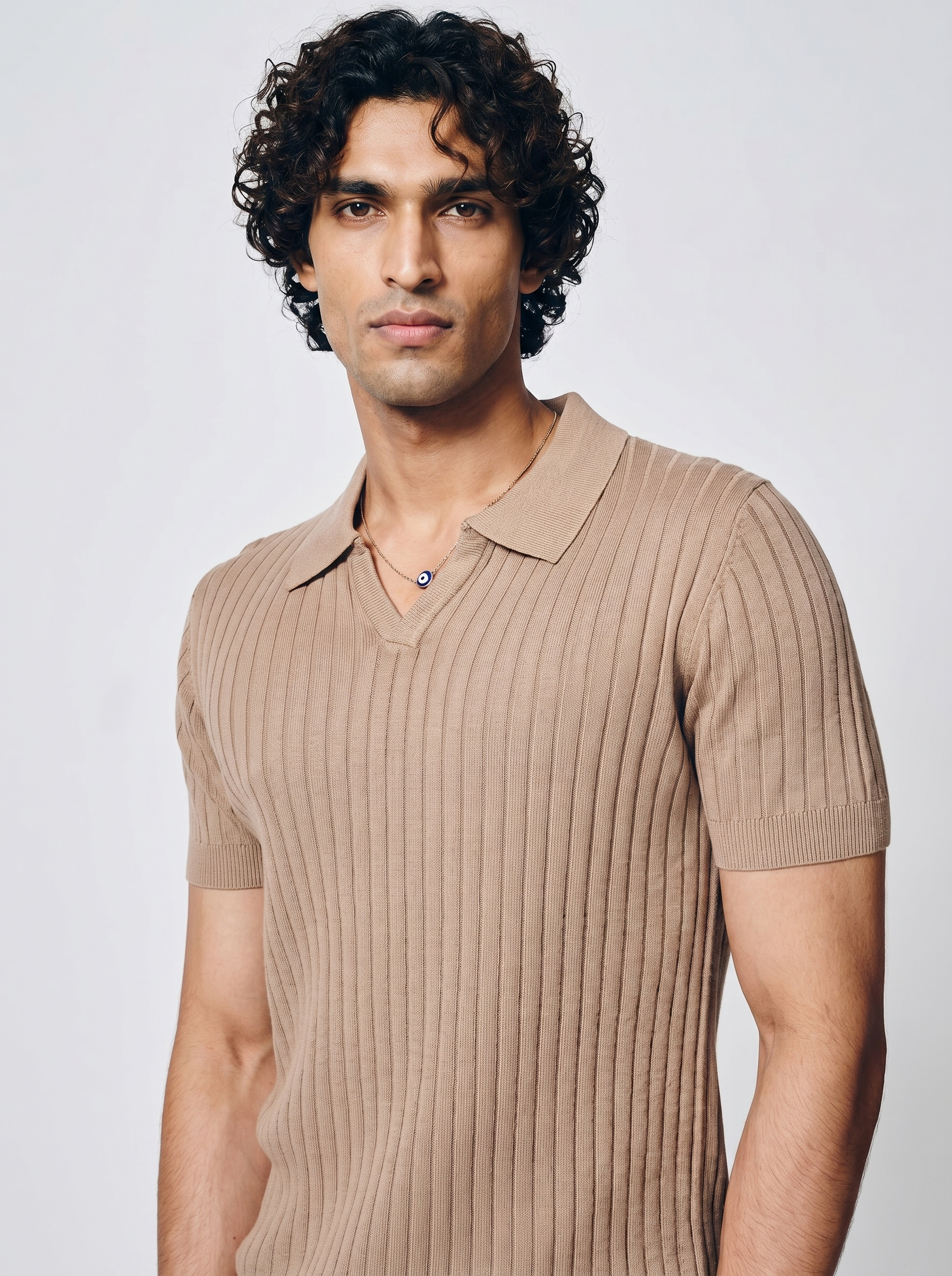 Warm Tan Cotton Bamboo V-Neck Polo