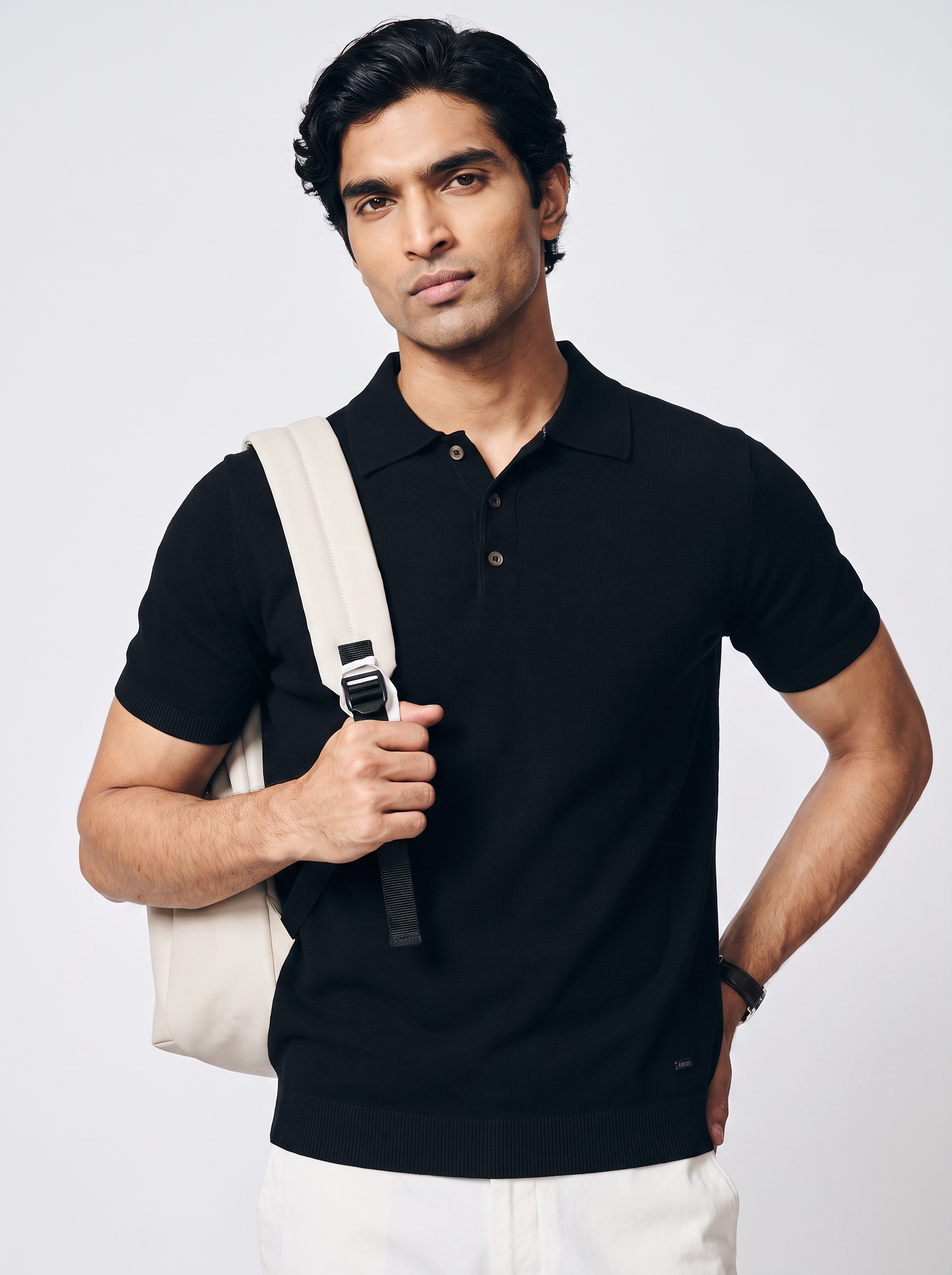 Ink Black Cotton Bamboo Waffle Polo