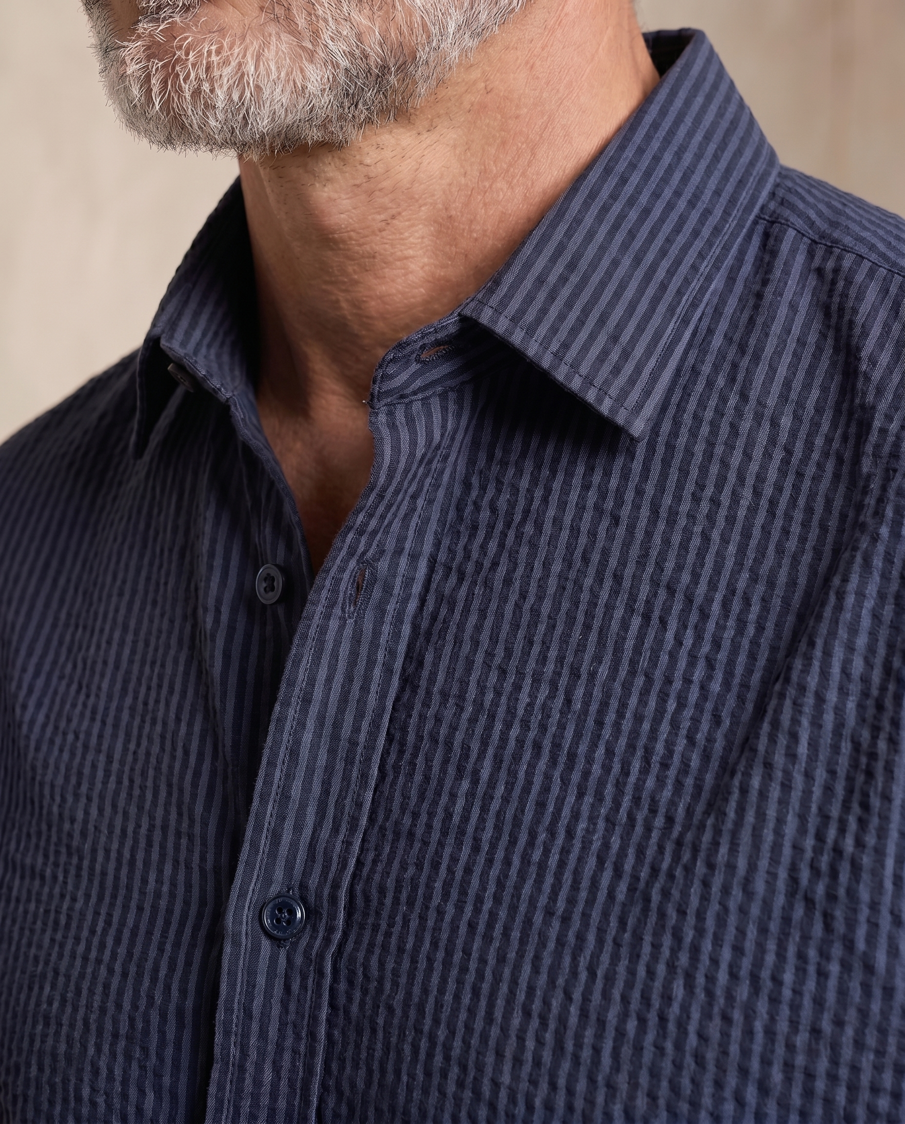 Indigo Navy Seersucker Stretch Shirt - Black Stripe