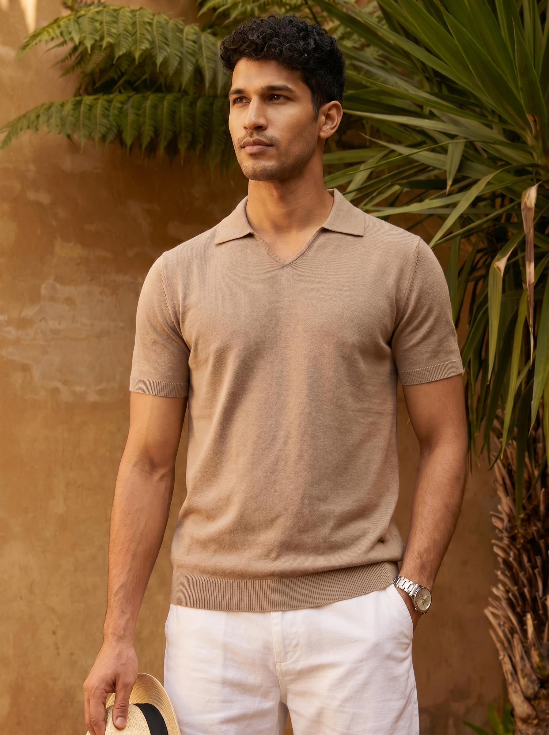Warm Tan Cotton-Bamboo U-Neck Polo