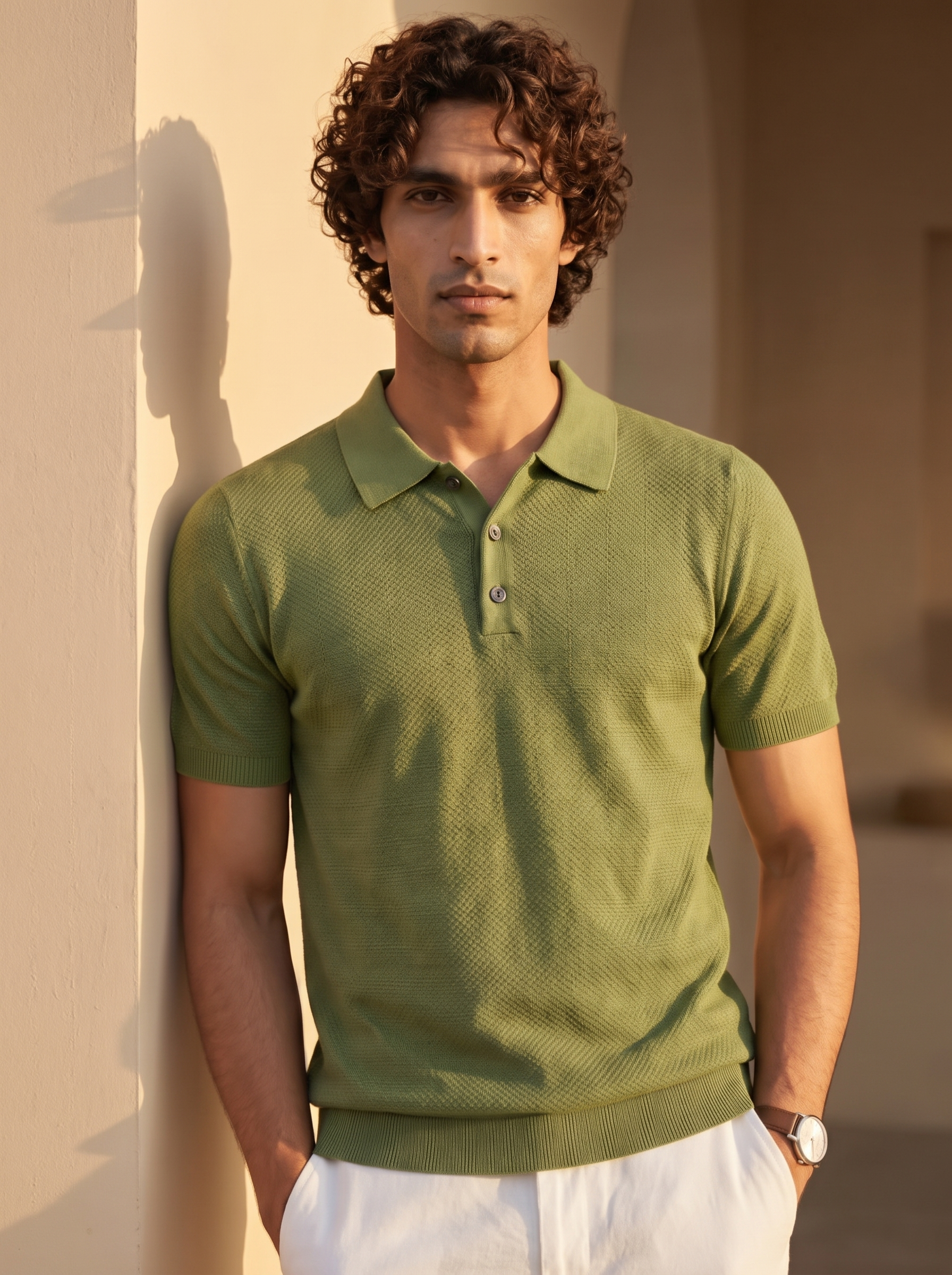 Fern Green Cotton Bamboo Waffle Polo