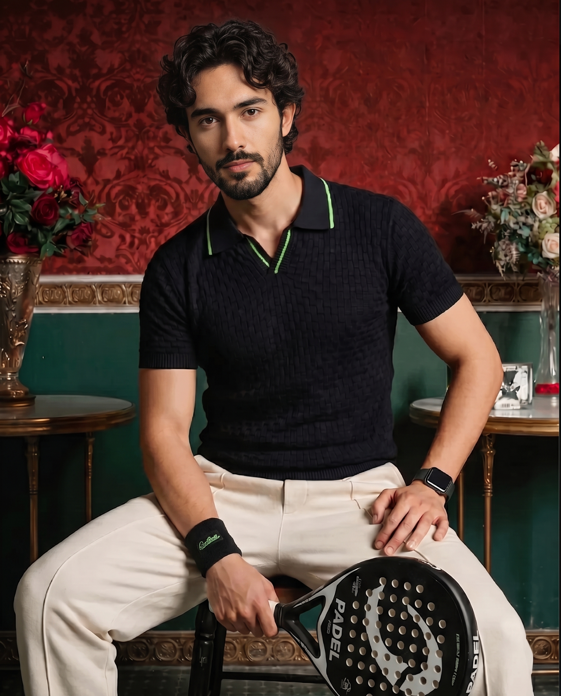 Ink Black Basket V-Polo Grass Green Piping