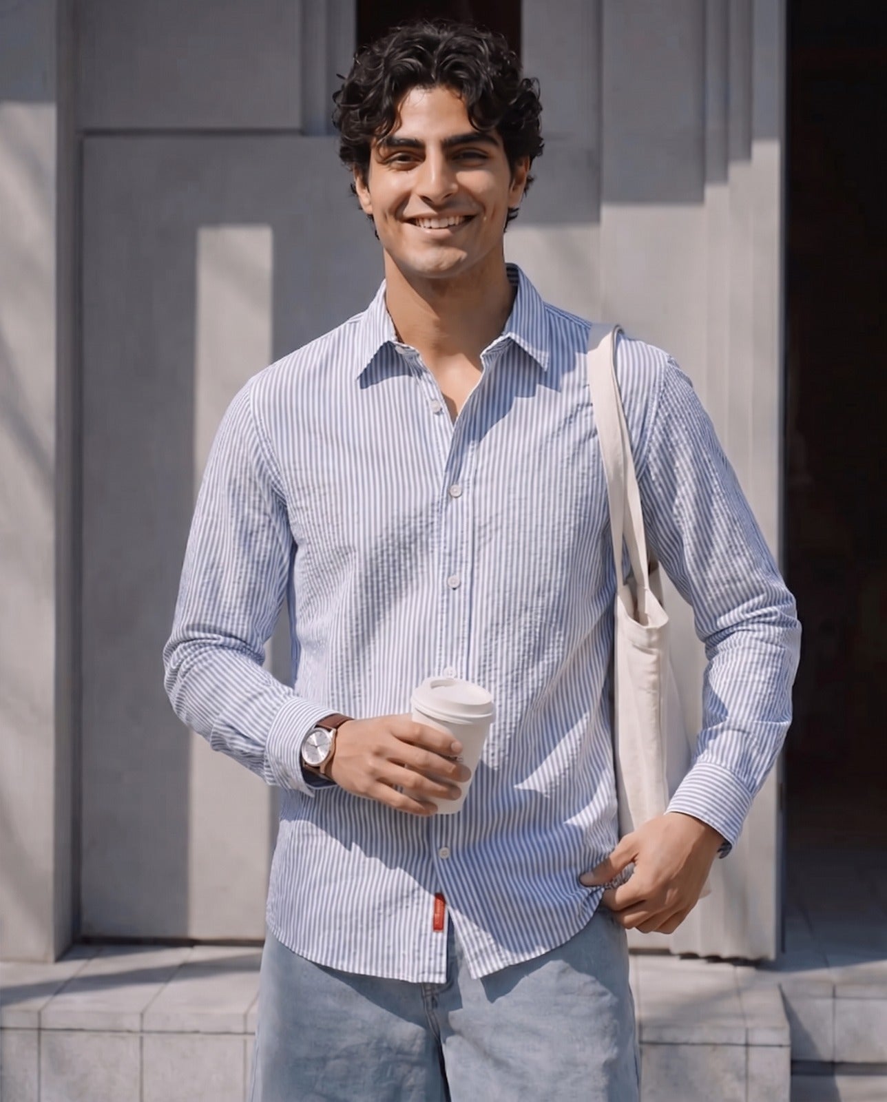Soft White Seersucker Stretch Shirt - Blue Stripe