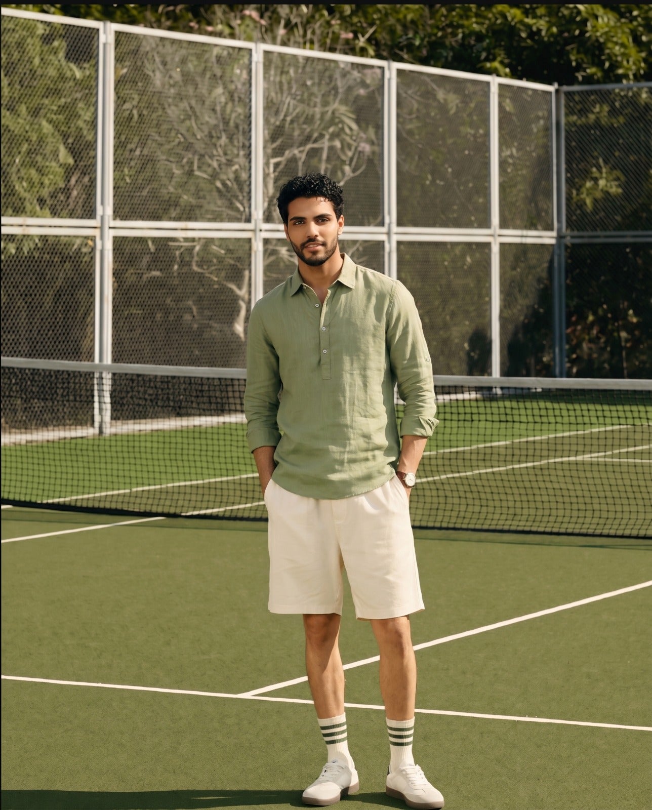 Moss Green Linen Blend Kurta Shirt